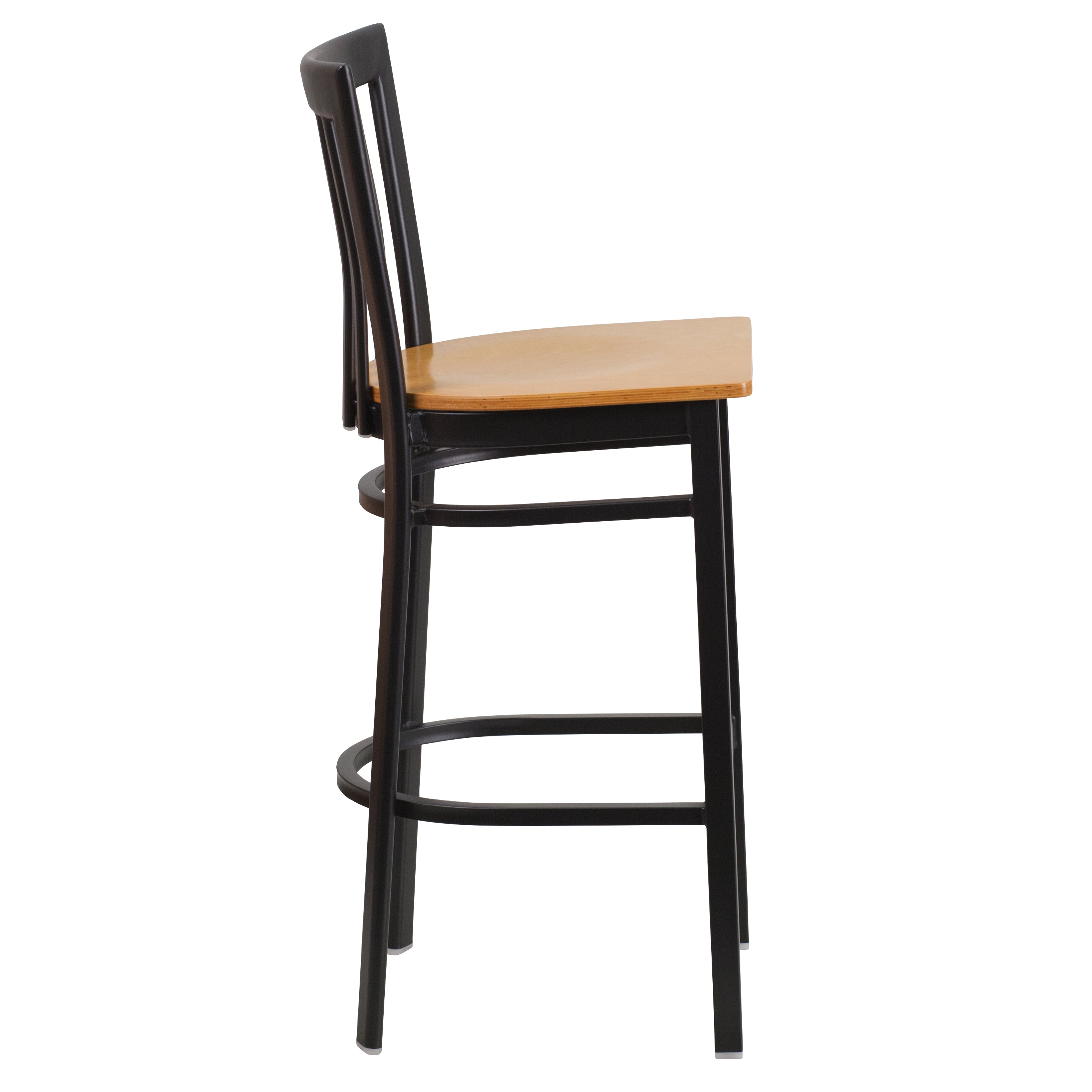 HERCULES Series Black School House Back Metal Restaurant Barstool - Natural Wood Seat