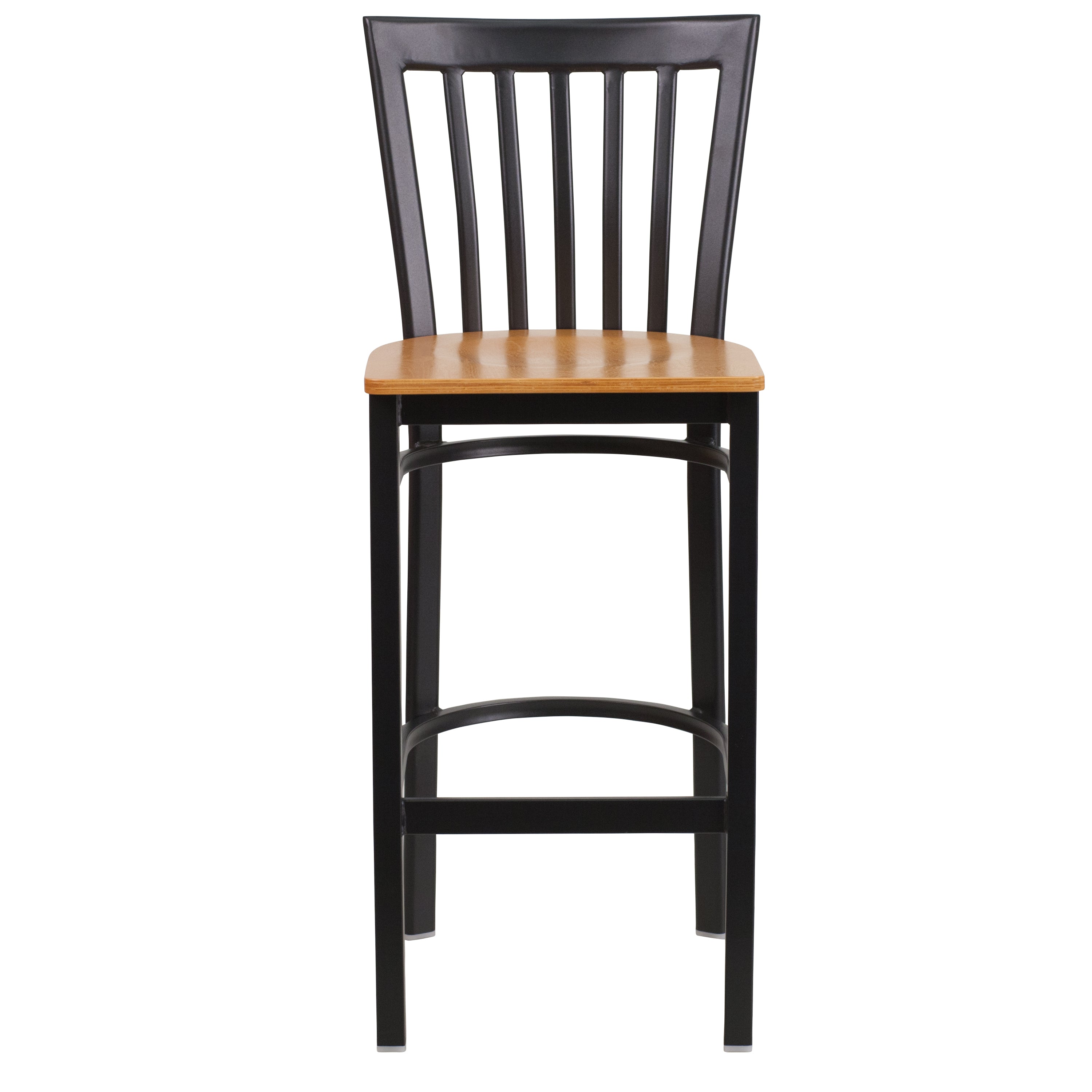 HERCULES Series Black School House Back Metal Restaurant Barstool - Natural Wood Seat