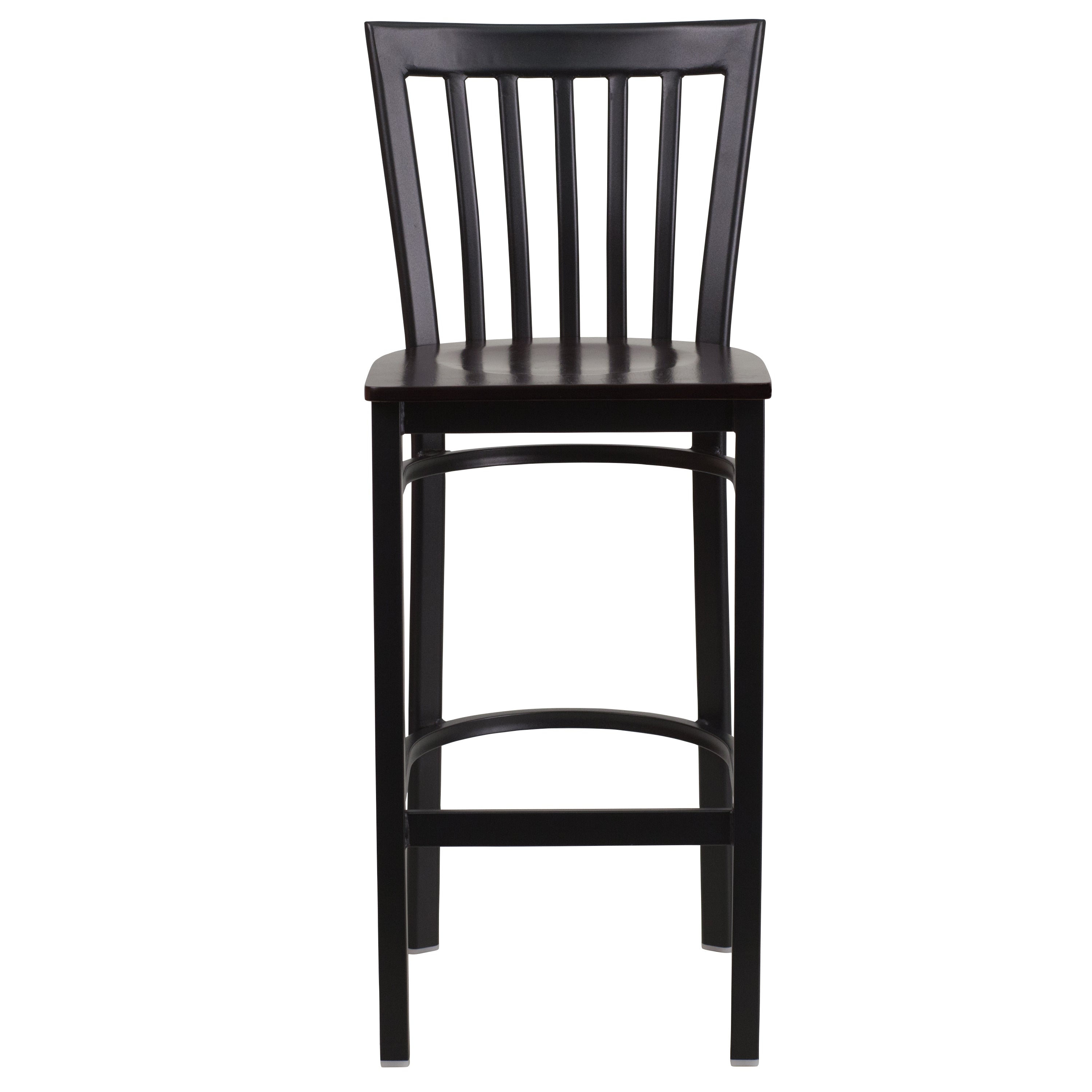 HERCULES Series Black School House Back Metal Restaurant Barstool - Walnut Wood Seat