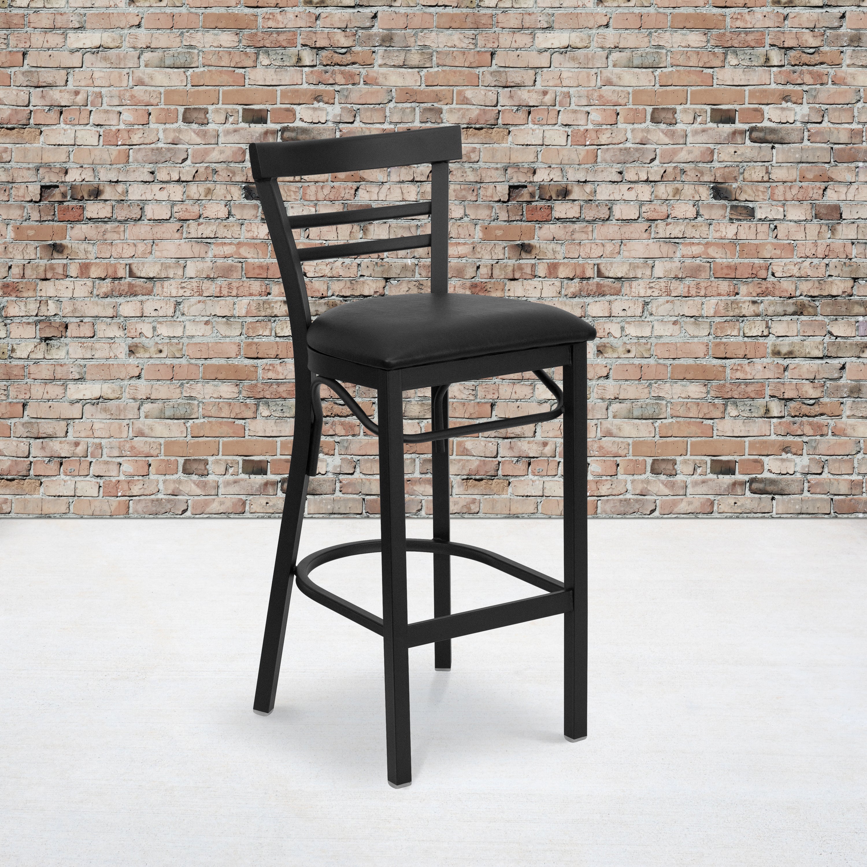 HERCULES Series Black Two-Slat Ladder Back Metal Restaurant Barstool - Black Vinyl Seat