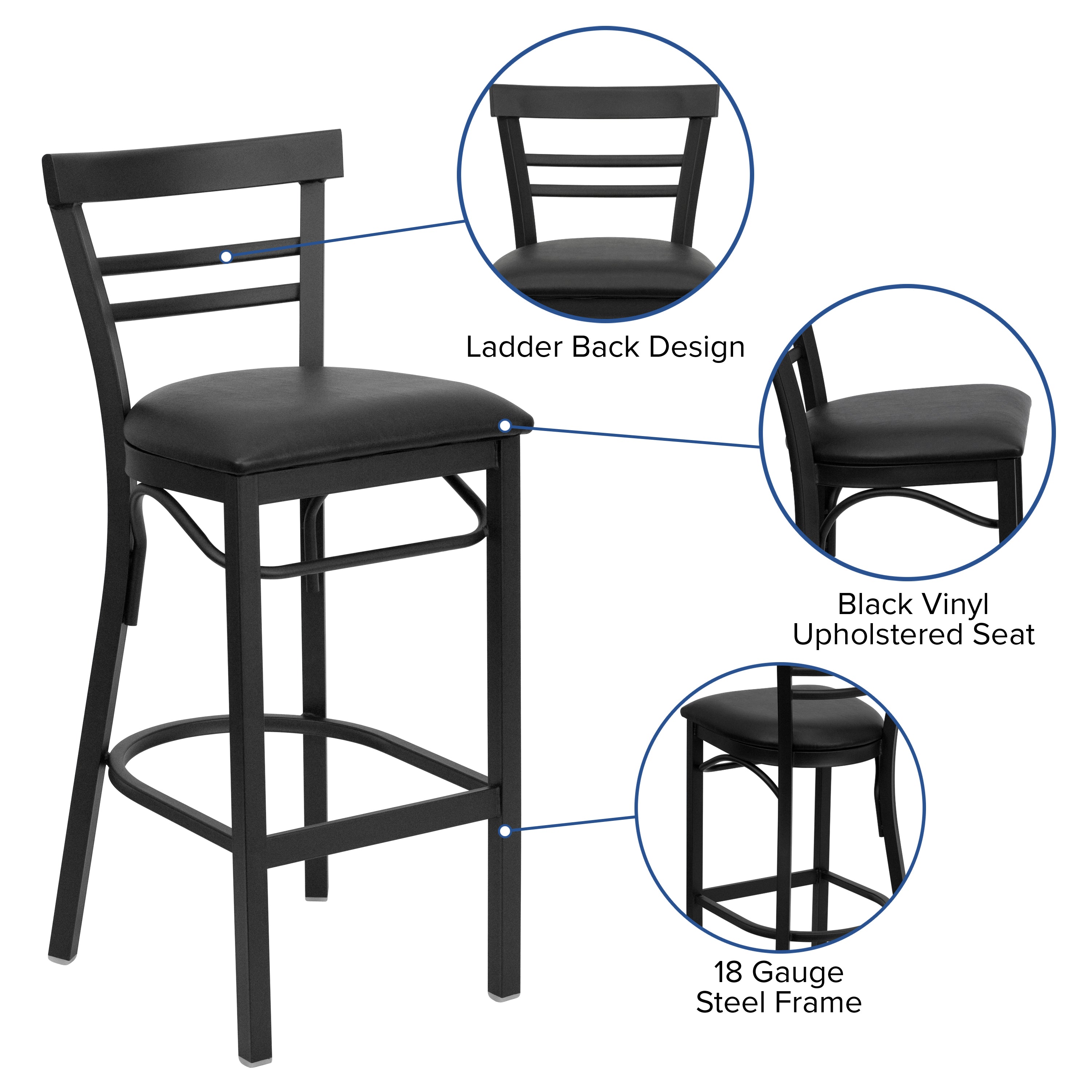 HERCULES Series Black Two-Slat Ladder Back Metal Restaurant Barstool - Black Vinyl Seat