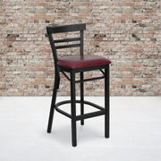 HERCULES Series Black Two-Slat Ladder Back Metal Restaurant Barstool - Burgundy Vinyl Seat