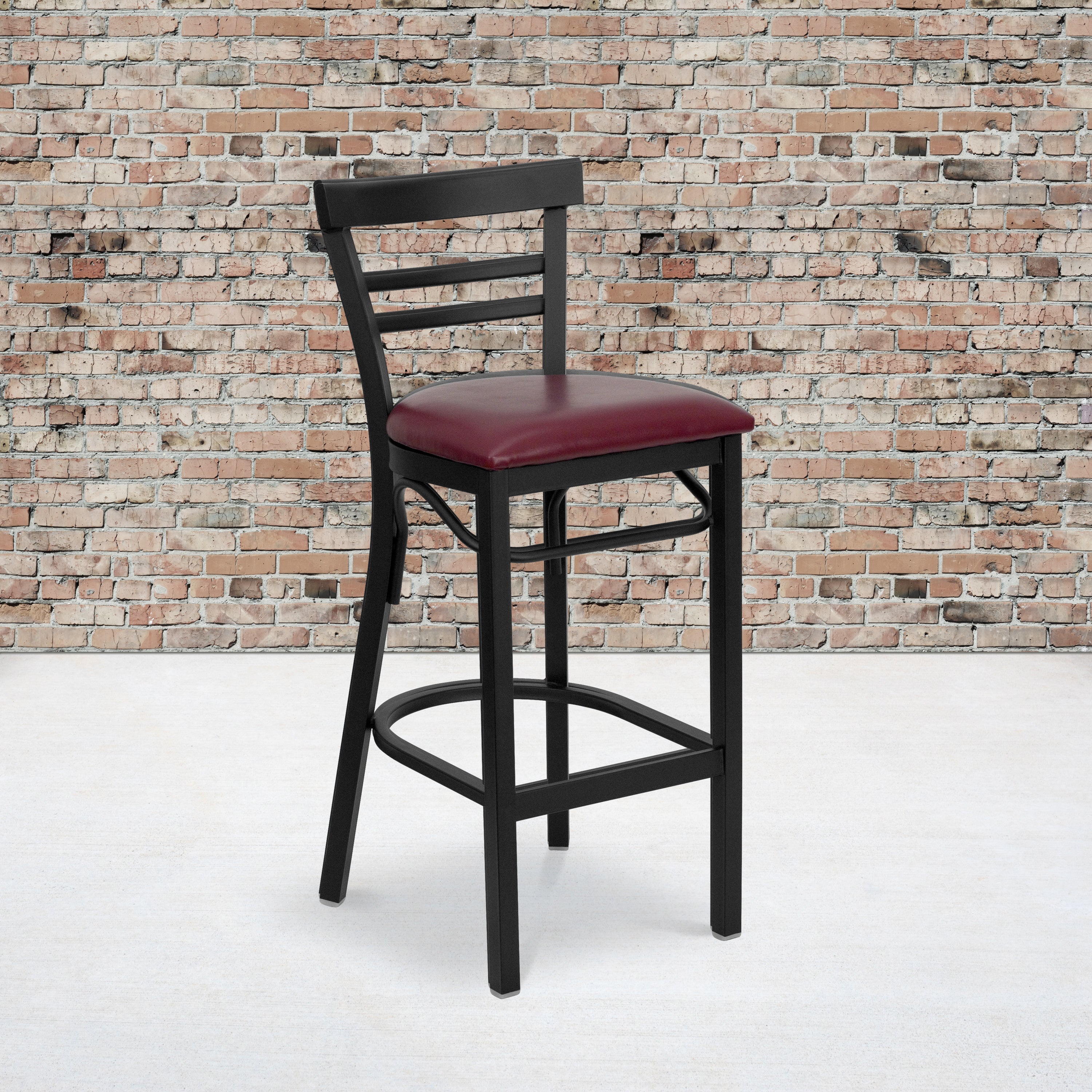 HERCULES Series Black Two-Slat Ladder Back Metal Restaurant Barstool - Burgundy Vinyl Seat