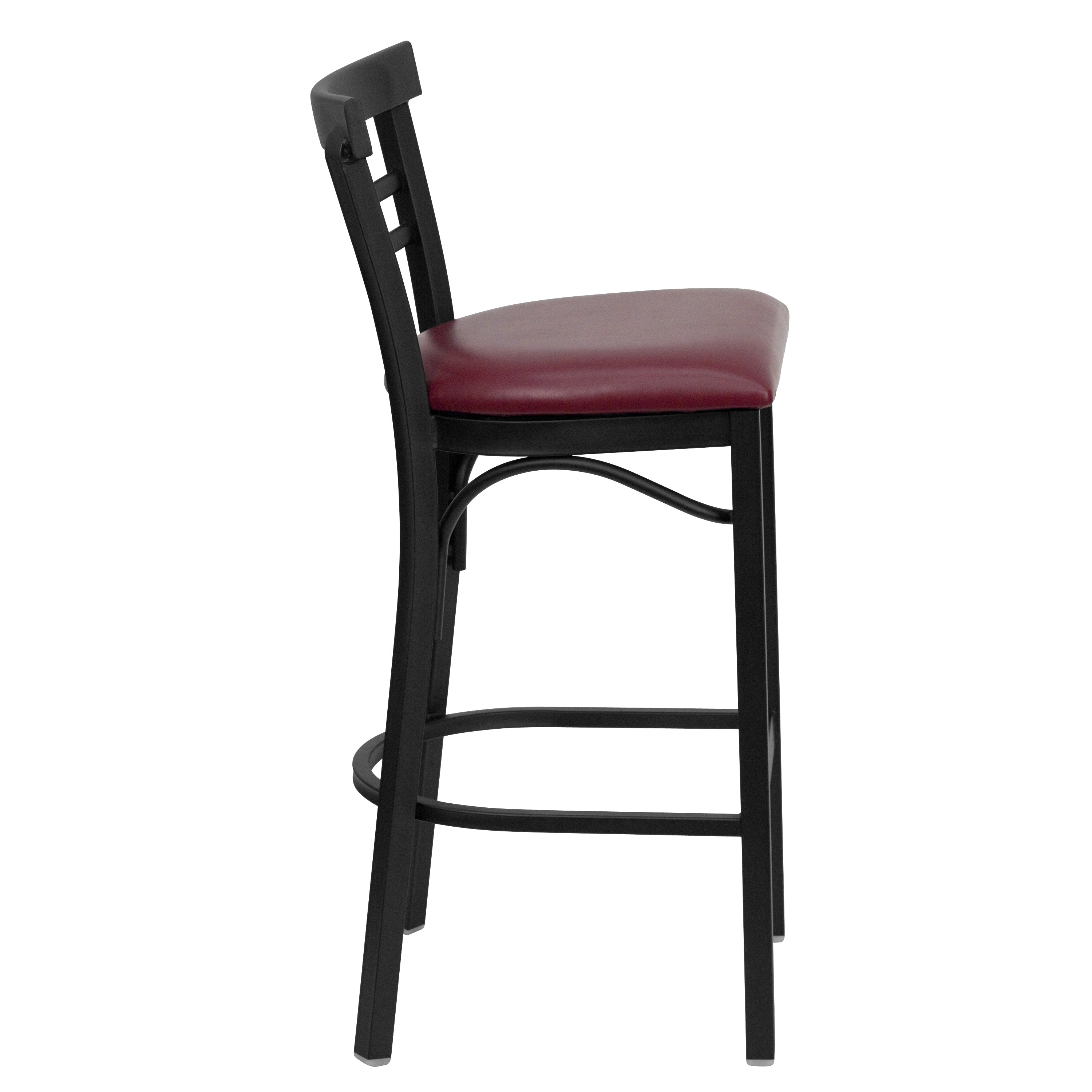 HERCULES Series Black Two-Slat Ladder Back Metal Restaurant Barstool - Burgundy Vinyl Seat