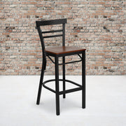 HERCULES Series Black Two-Slat Ladder Back Metal Restaurant Barstool - Cherry Wood Seat