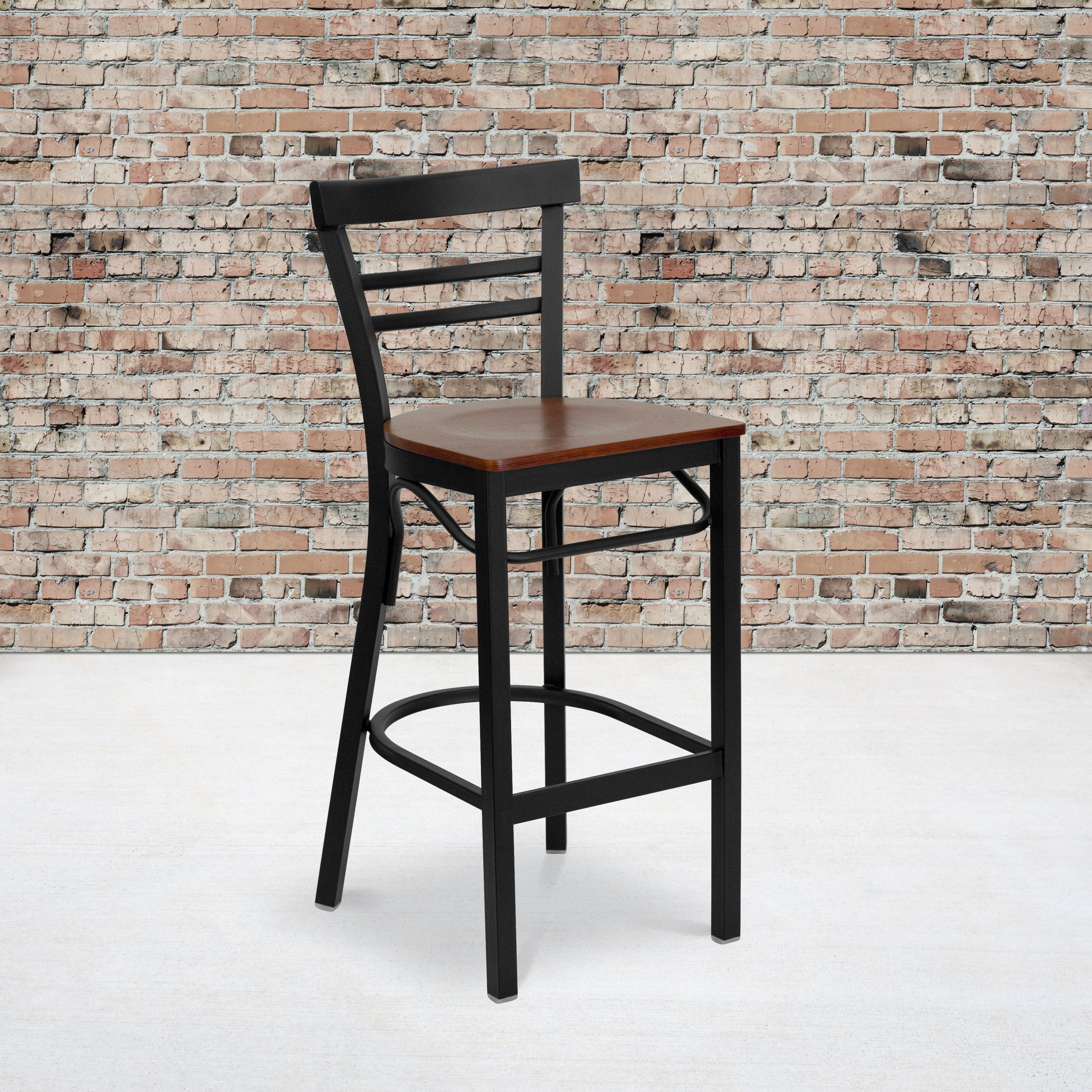 HERCULES Series Black Two-Slat Ladder Back Metal Restaurant Barstool - Cherry Wood Seat