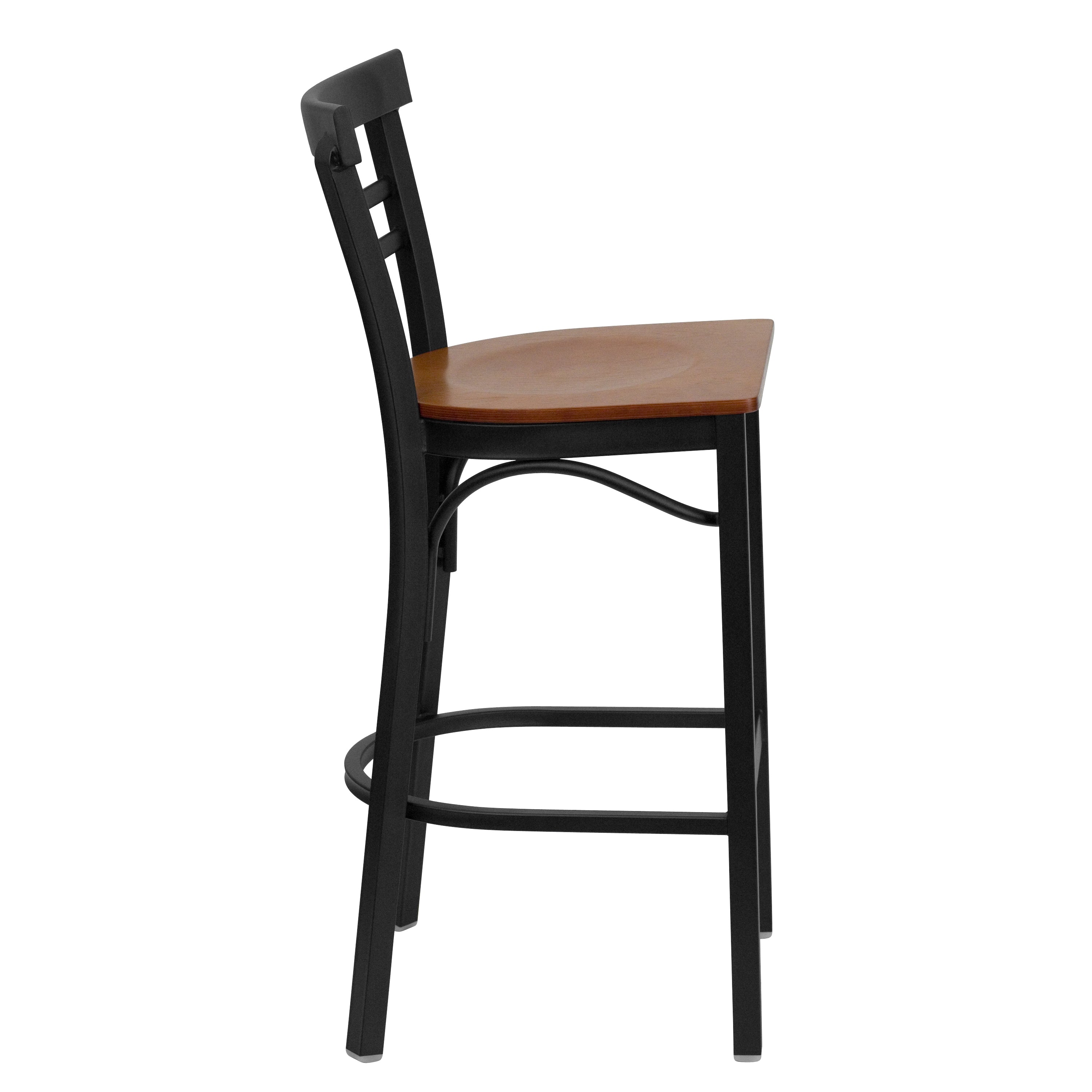 HERCULES Series Black Two-Slat Ladder Back Metal Restaurant Barstool - Cherry Wood Seat