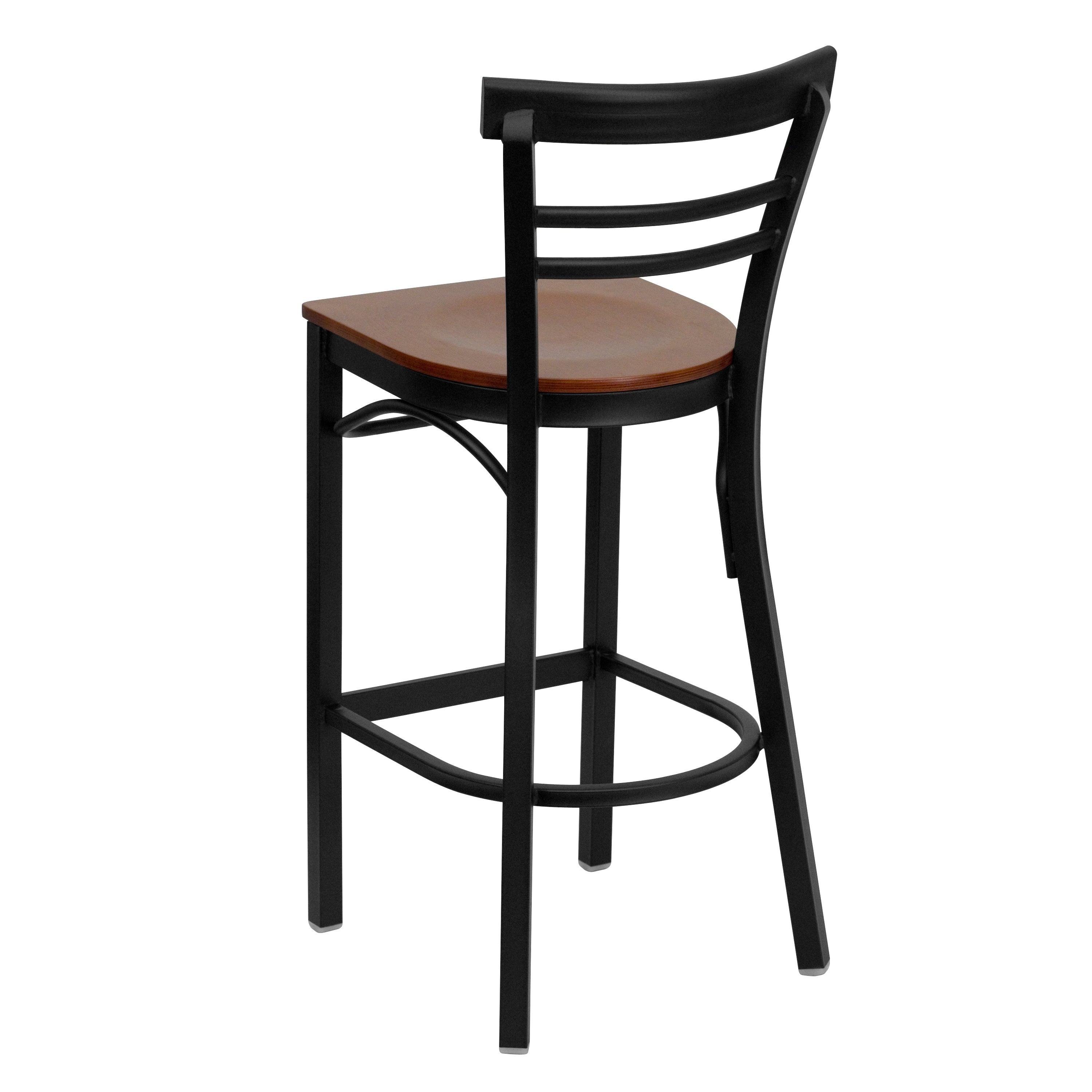 HERCULES Series Black Two-Slat Ladder Back Metal Restaurant Barstool - Cherry Wood Seat