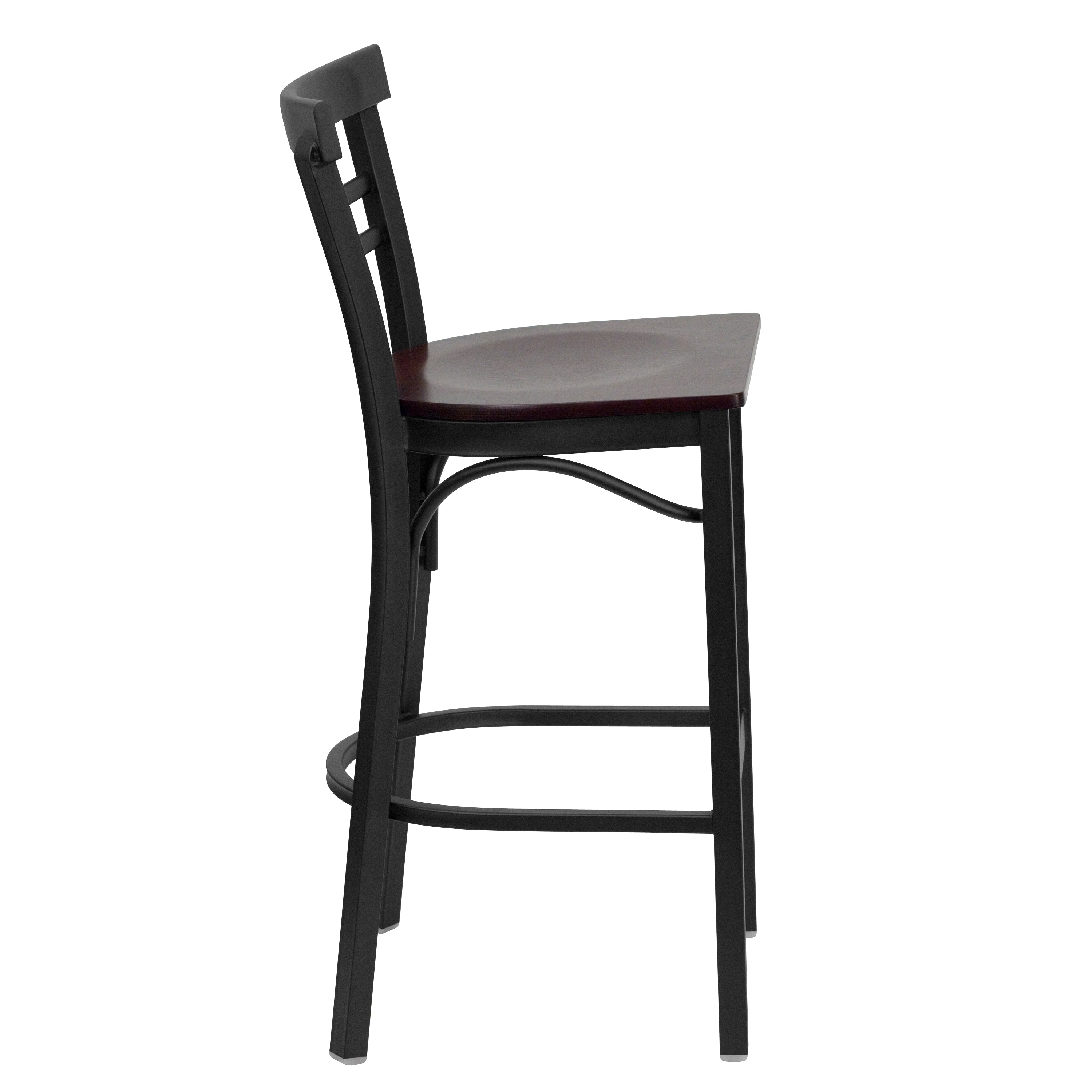 HERCULES Series Black Two-Slat Ladder Back Metal Restaurant Barstool - Mahogany Wood Seat