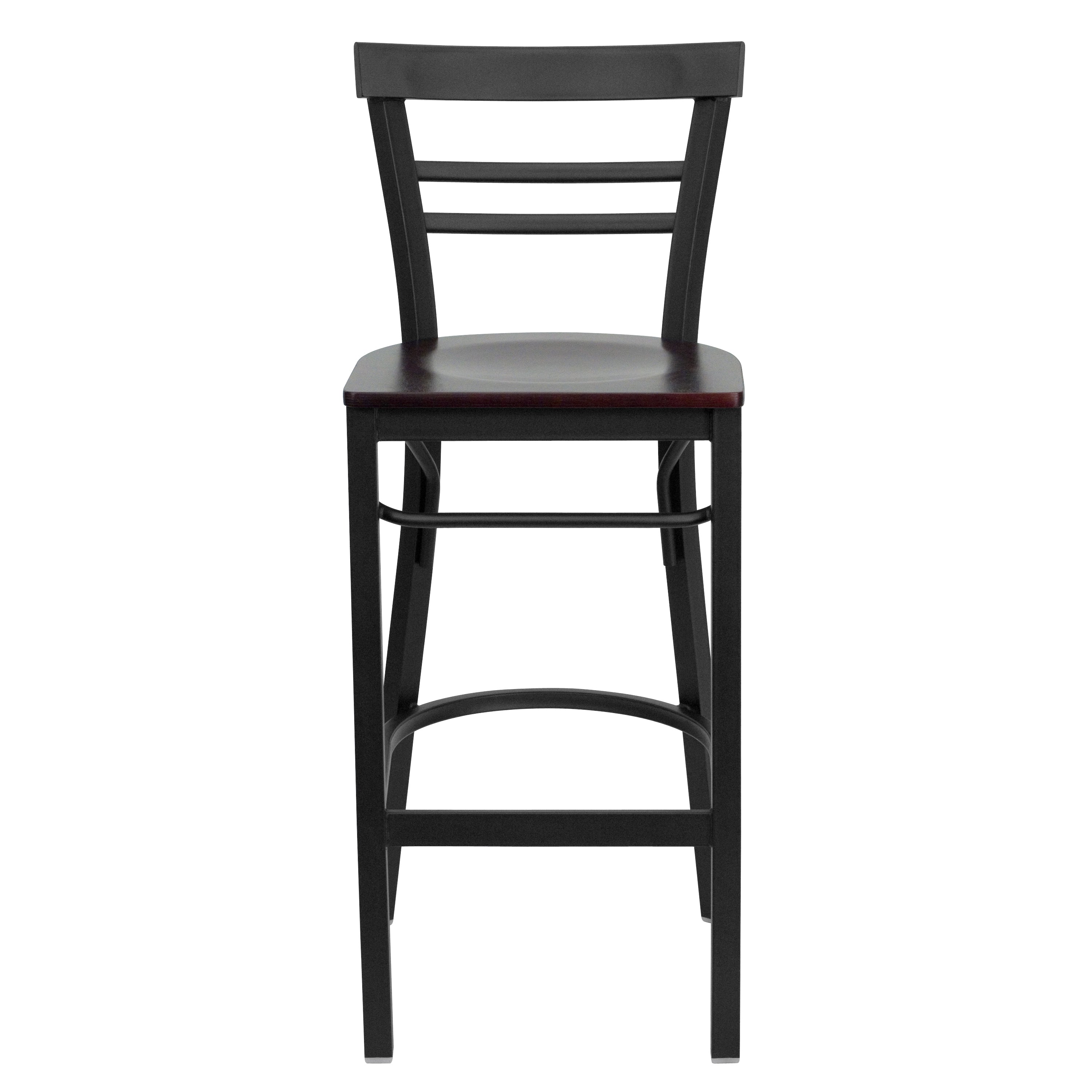 HERCULES Series Black Two-Slat Ladder Back Metal Restaurant Barstool - Mahogany Wood Seat