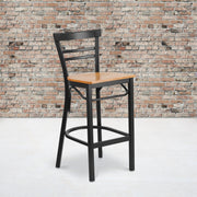 HERCULES Series Black Two-Slat Ladder Back Metal Restaurant Barstool - Natural Wood Seat