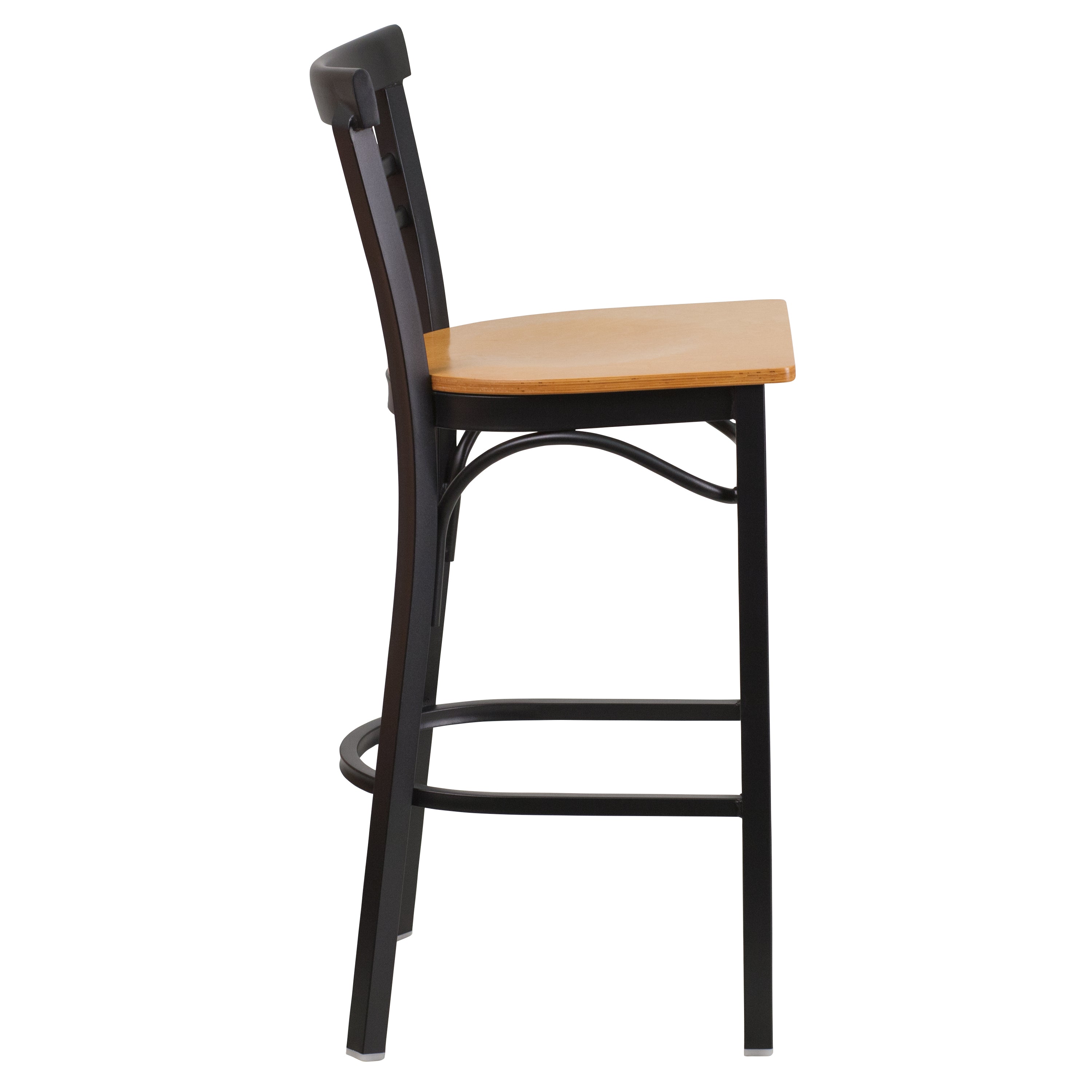HERCULES Series Black Two-Slat Ladder Back Metal Restaurant Barstool - Natural Wood Seat