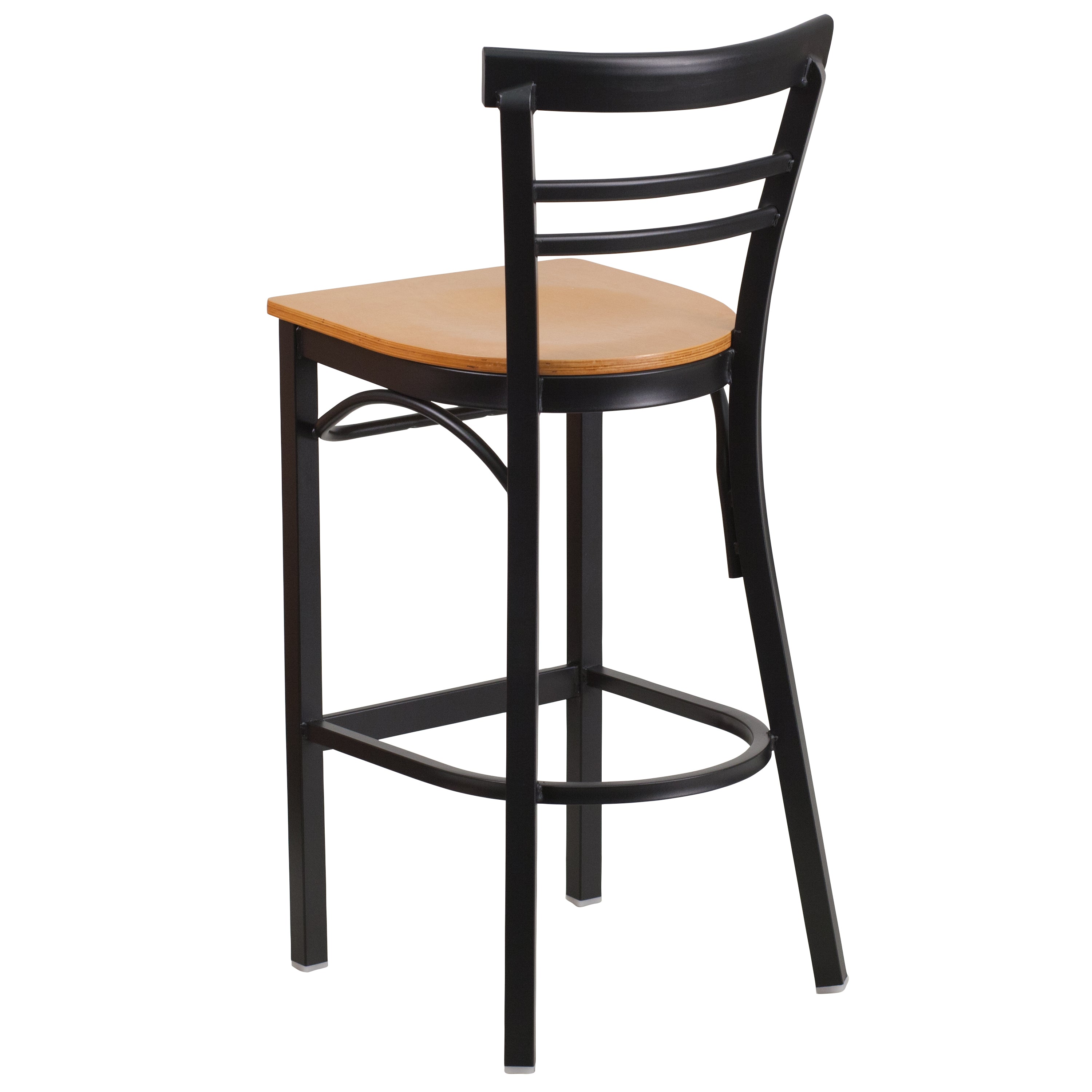 HERCULES Series Black Two-Slat Ladder Back Metal Restaurant Barstool - Natural Wood Seat