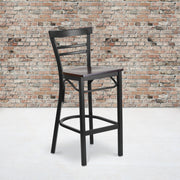HERCULES Series Black Two-Slat Ladder Back Metal Restaurant Barstool - Walnut Wood Seat