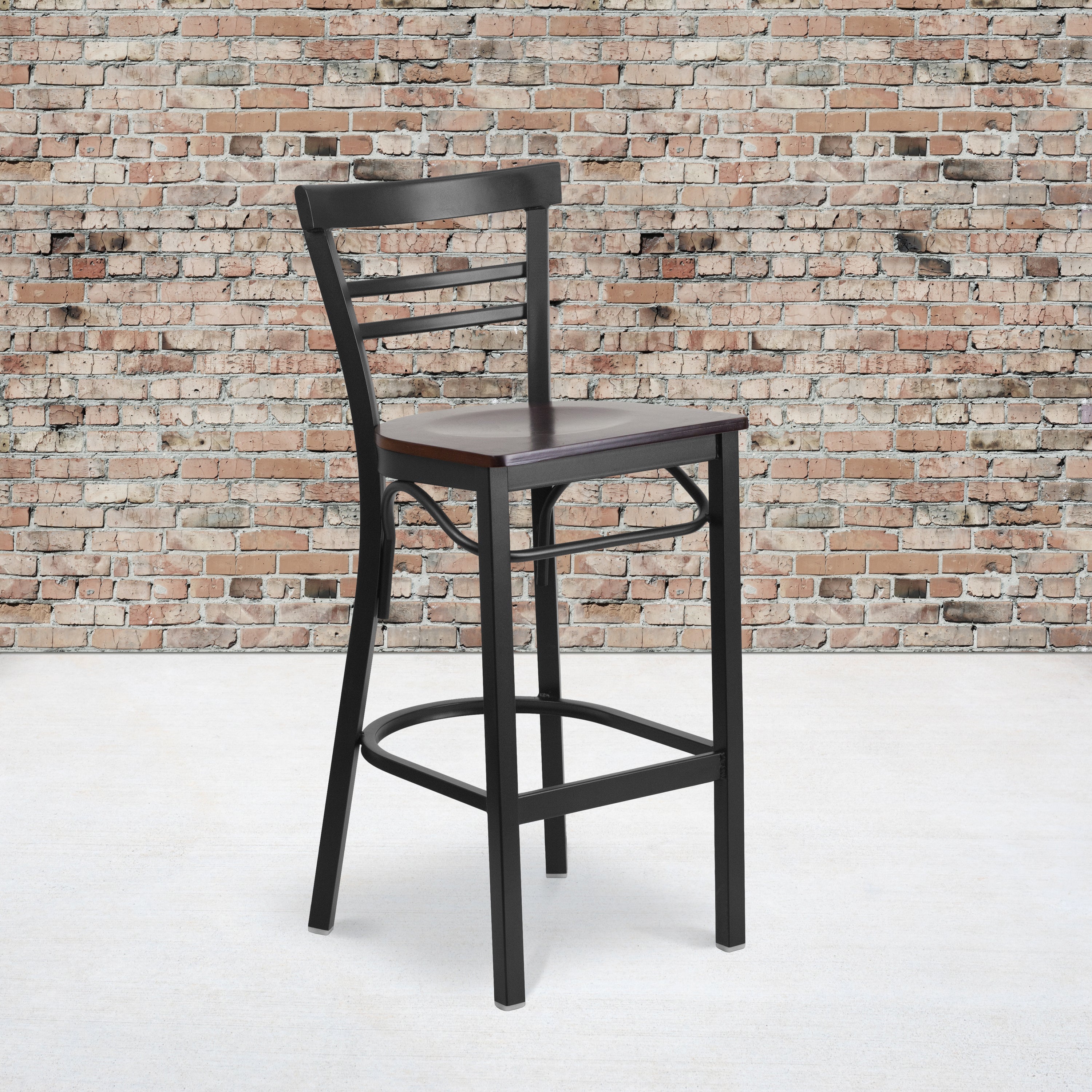 HERCULES Series Black Two-Slat Ladder Back Metal Restaurant Barstool - Walnut Wood Seat