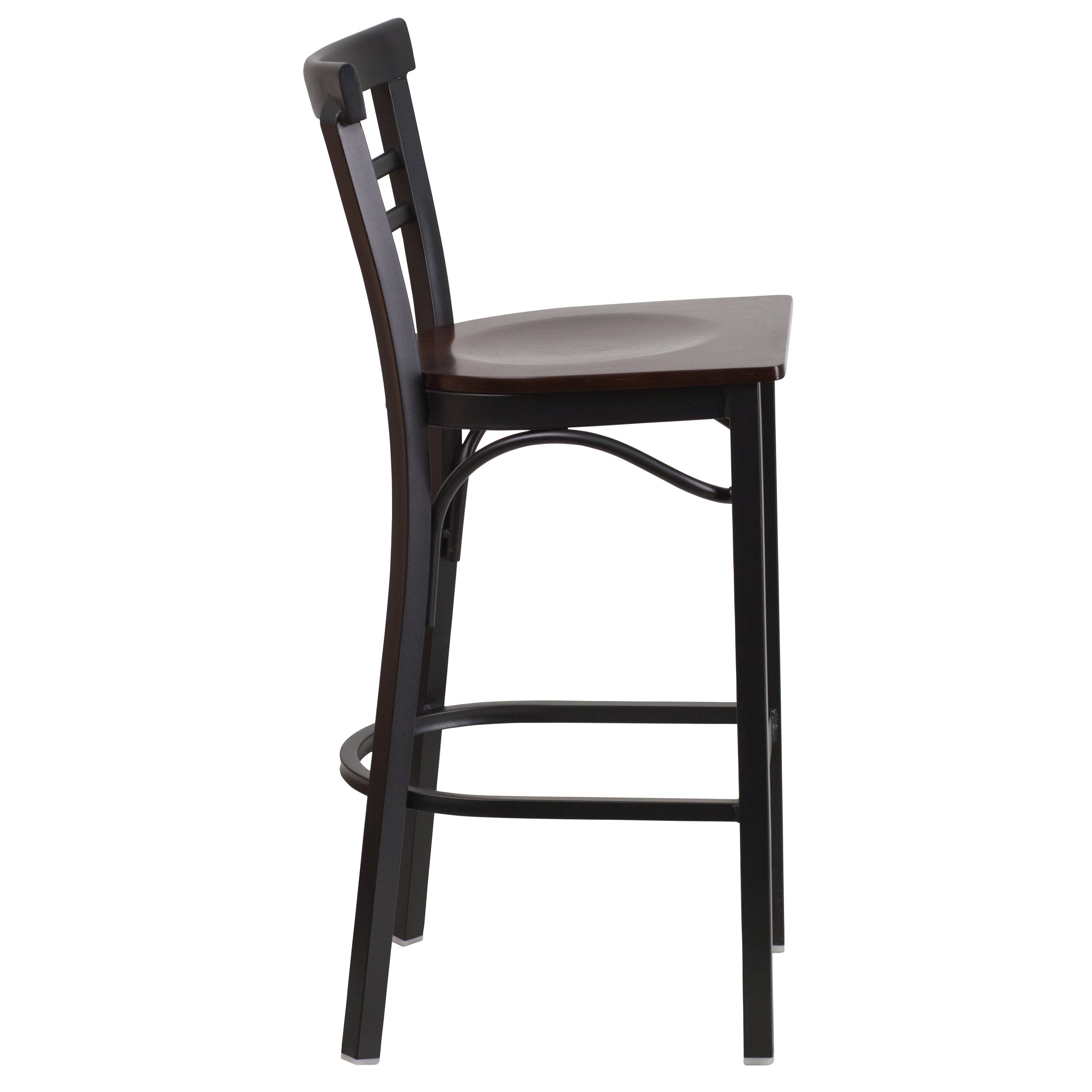 HERCULES Series Black Two-Slat Ladder Back Metal Restaurant Barstool - Walnut Wood Seat