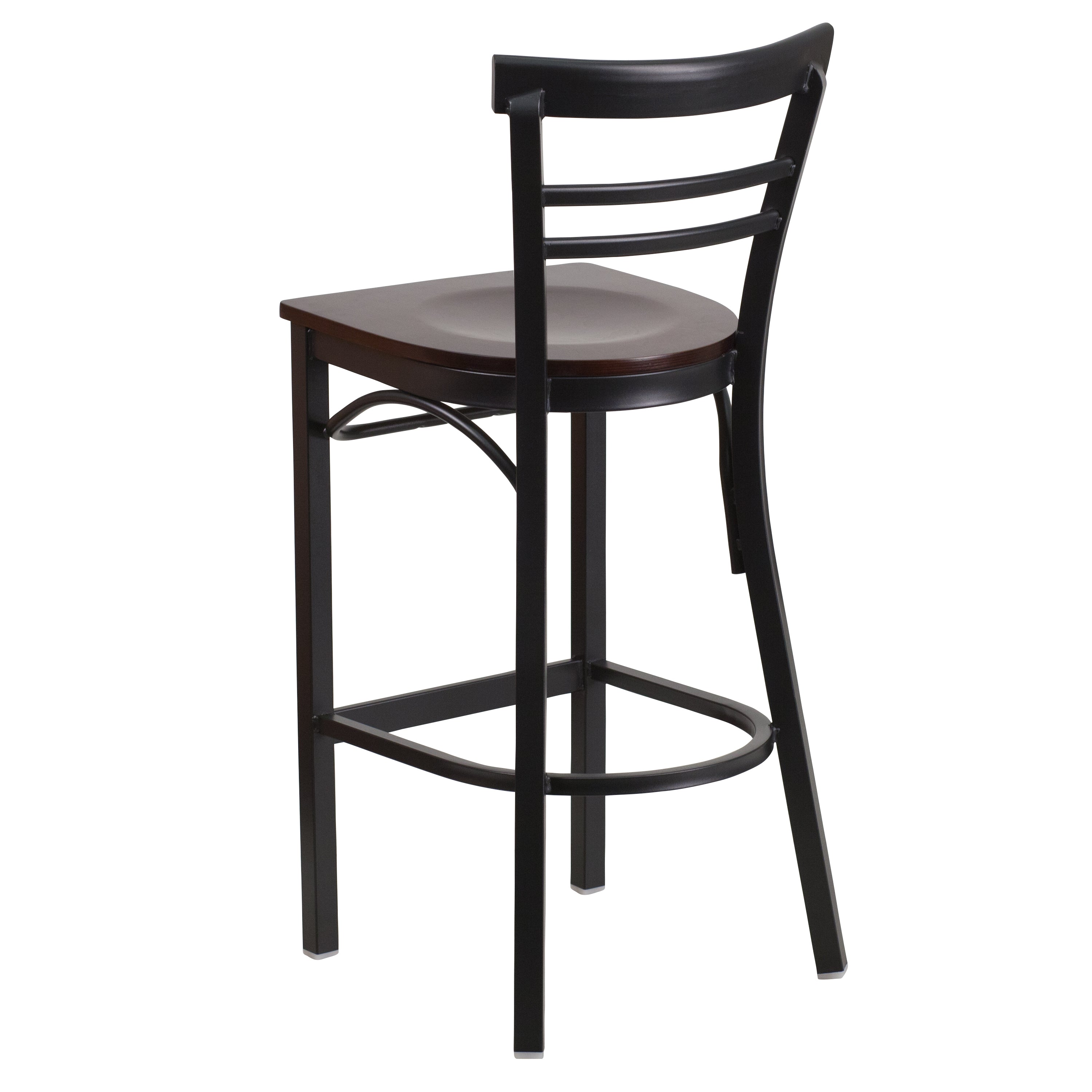 HERCULES Series Black Two-Slat Ladder Back Metal Restaurant Barstool - Walnut Wood Seat