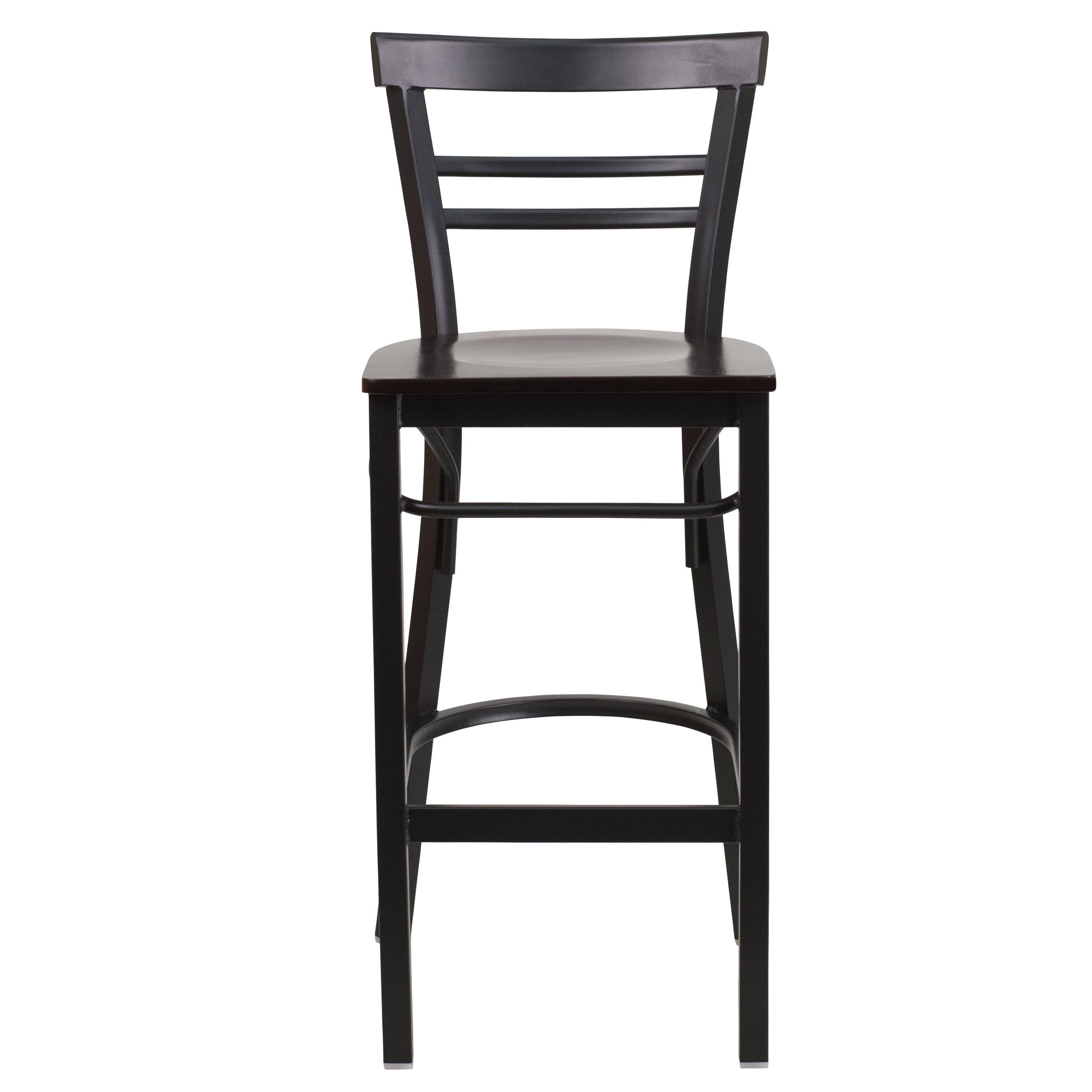 HERCULES Series Black Two-Slat Ladder Back Metal Restaurant Barstool - Walnut Wood Seat