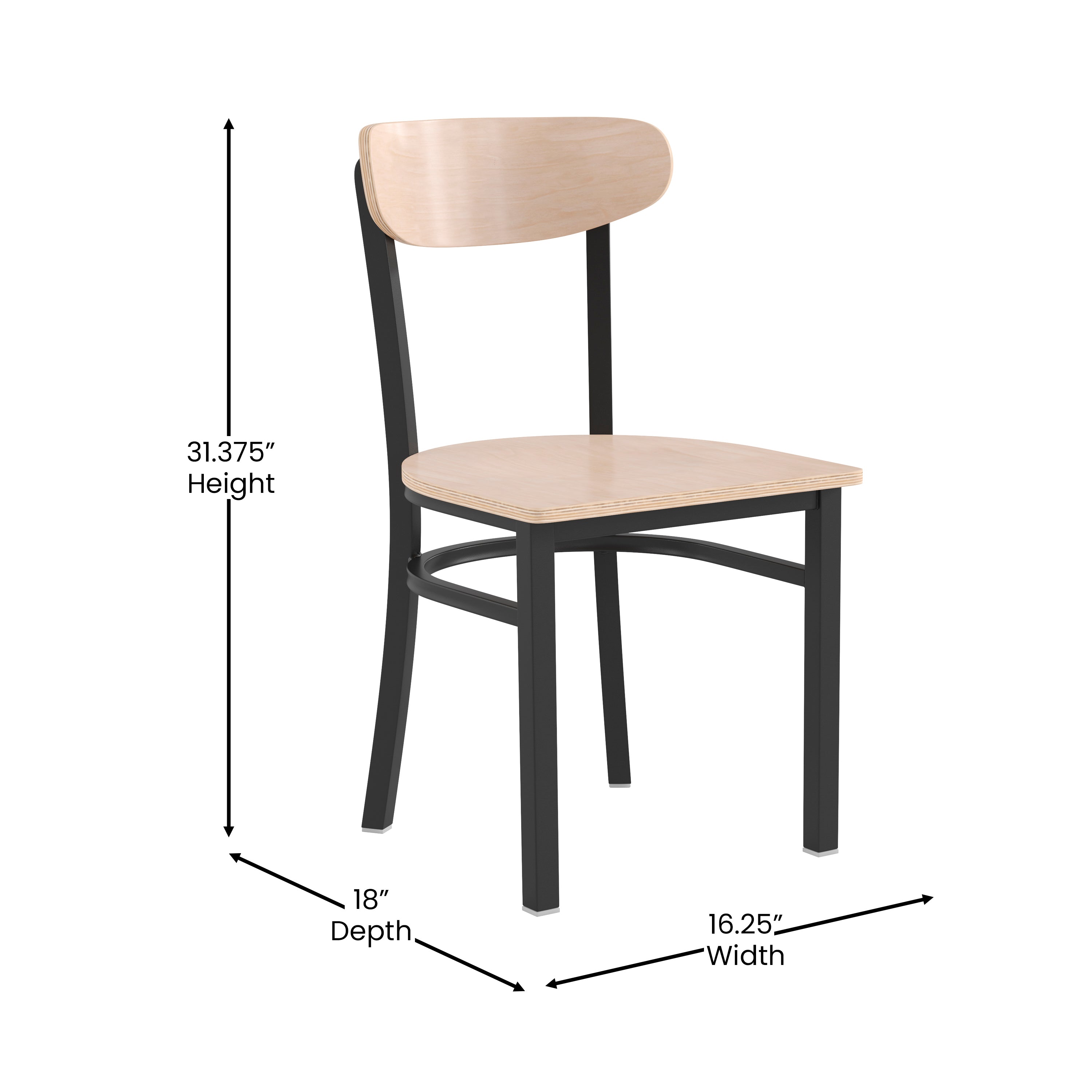 Wright Commercial Grade Dining Chair with 500 LB. Capacity Black Steel Frame, Solid Wood Seat, and Boomerang Back, Natural Birch Finish
