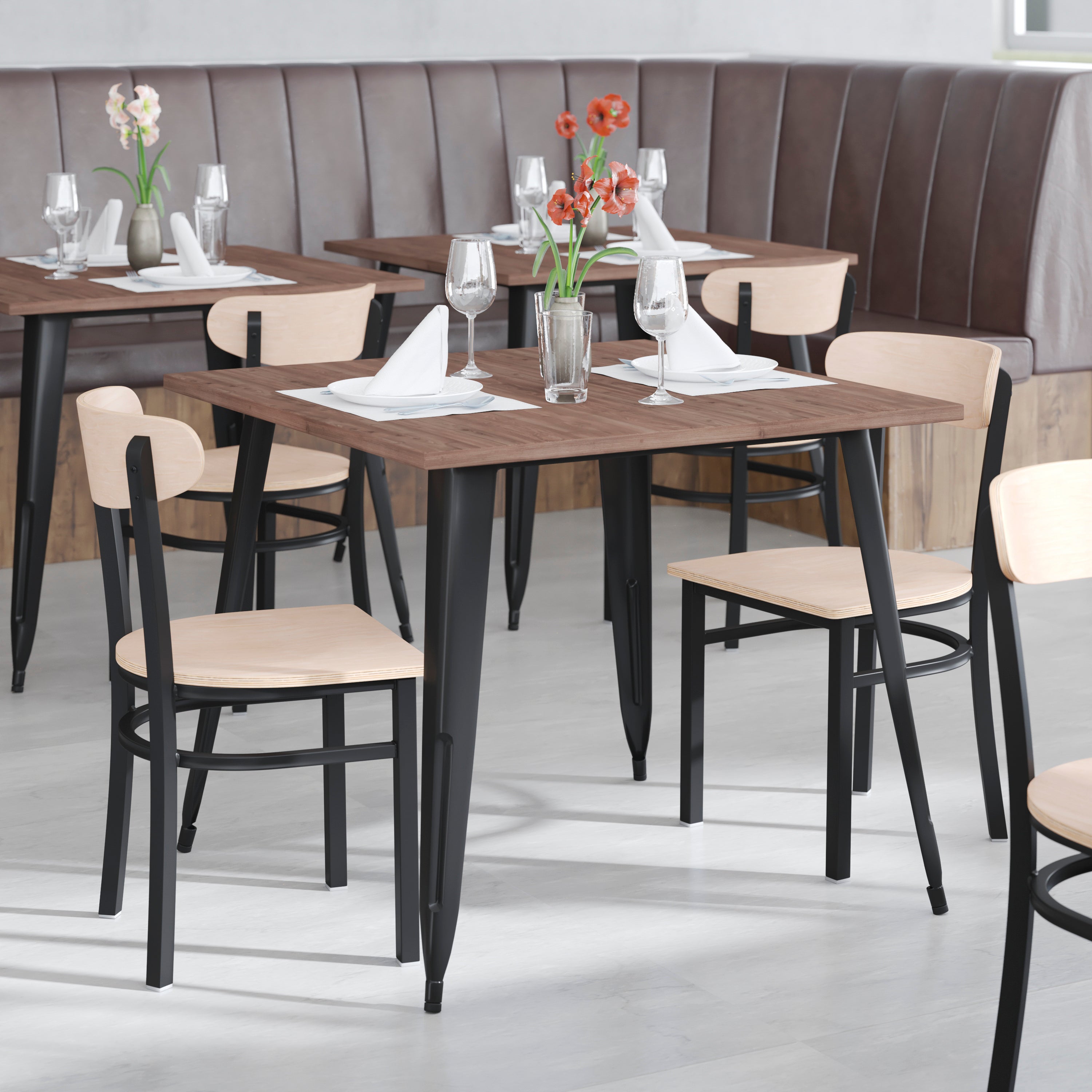 Wright Commercial Grade Dining Chair with 500 LB. Capacity Black Steel Frame, Solid Wood Seat, and Boomerang Back, Natural Birch Finish