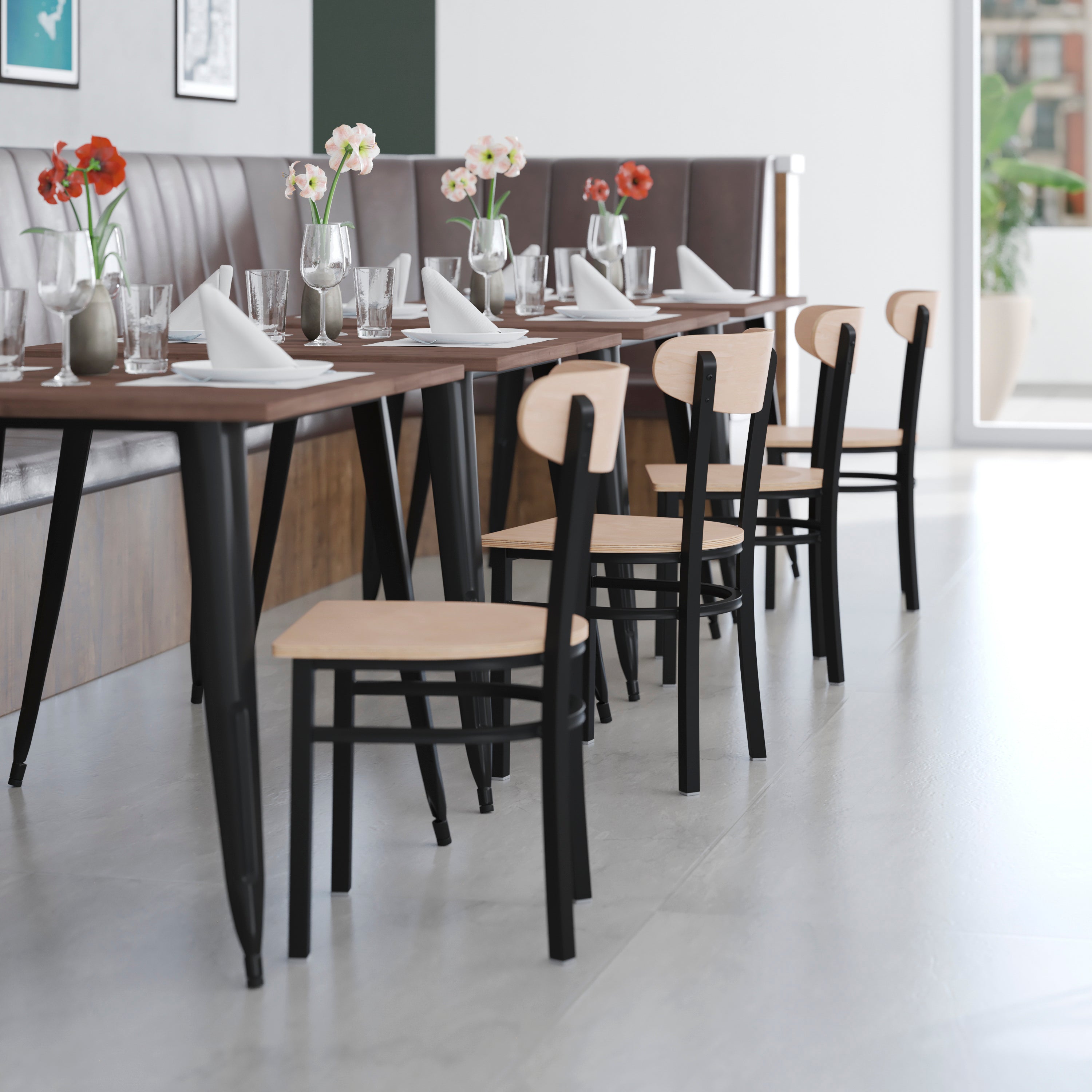 Wright Commercial Grade Dining Chair with 500 LB. Capacity Black Steel Frame, Solid Wood Seat, and Boomerang Back, Natural Birch Finish