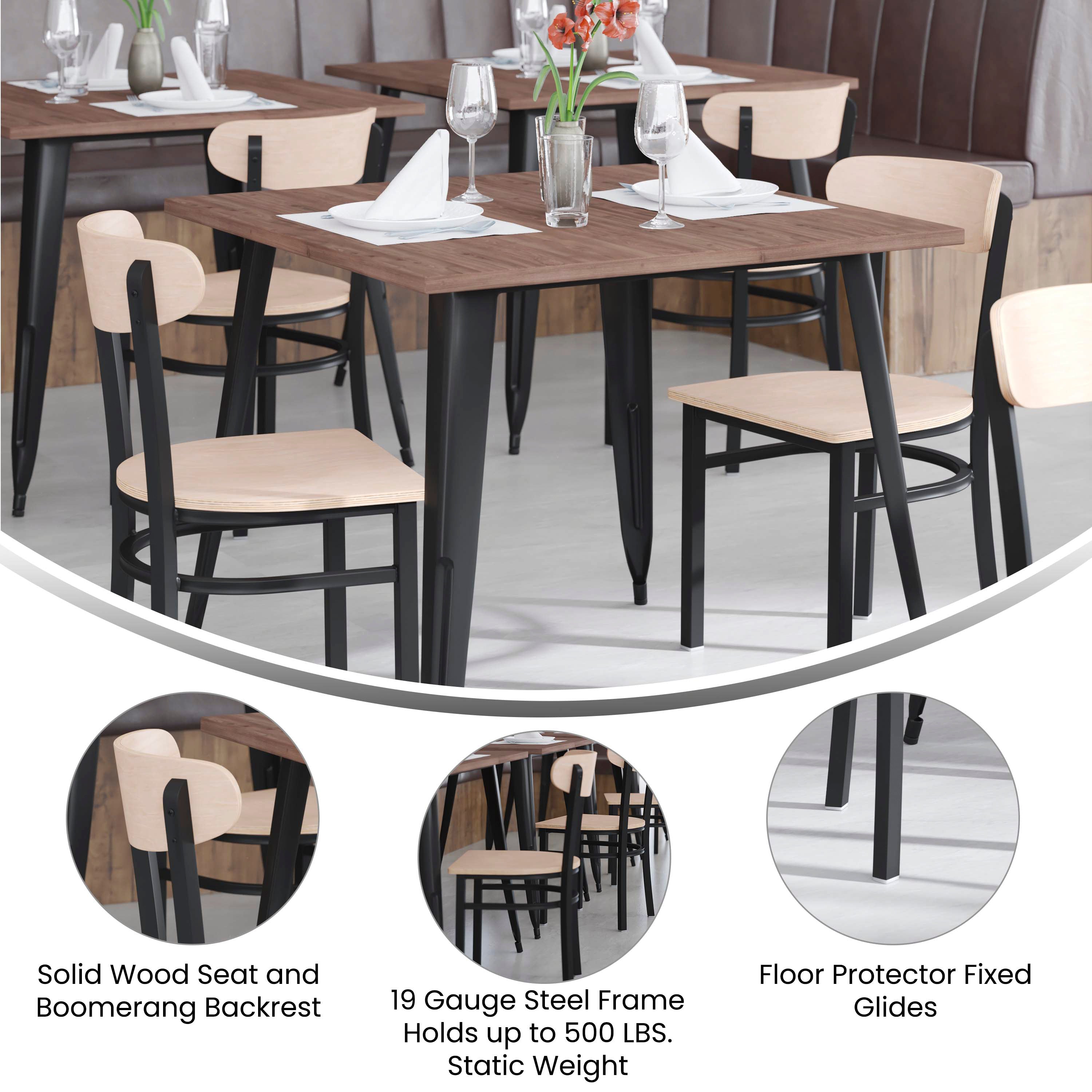 Wright Commercial Grade Dining Chair with 500 LB. Capacity Black Steel Frame, Solid Wood Seat, and Boomerang Back, Natural Birch Finish