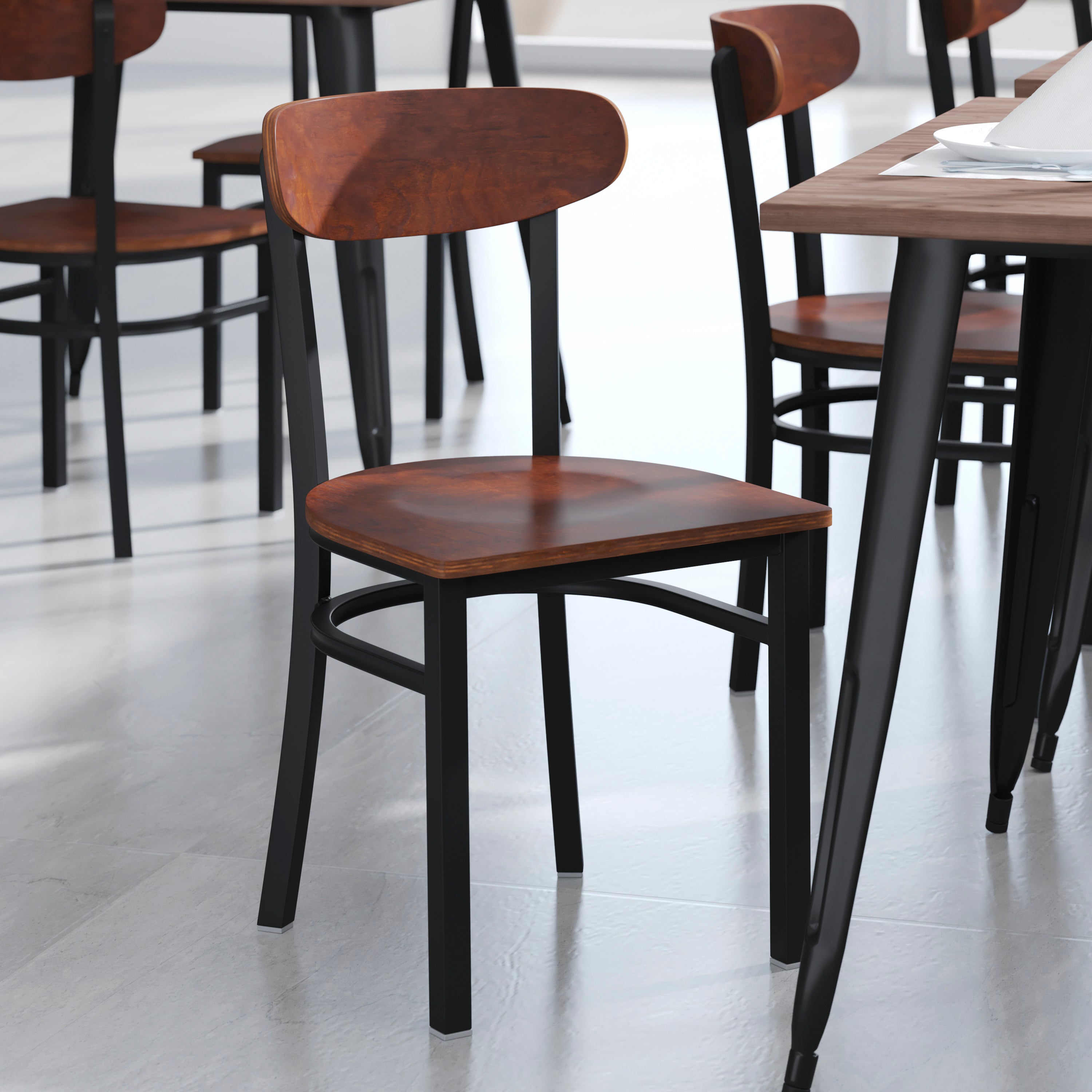 Wright Commercial Grade Dining Chair with 500 LB. Capacity Black Steel Frame, Solid Wood Seat, and Boomerang Back, Walnut Finish