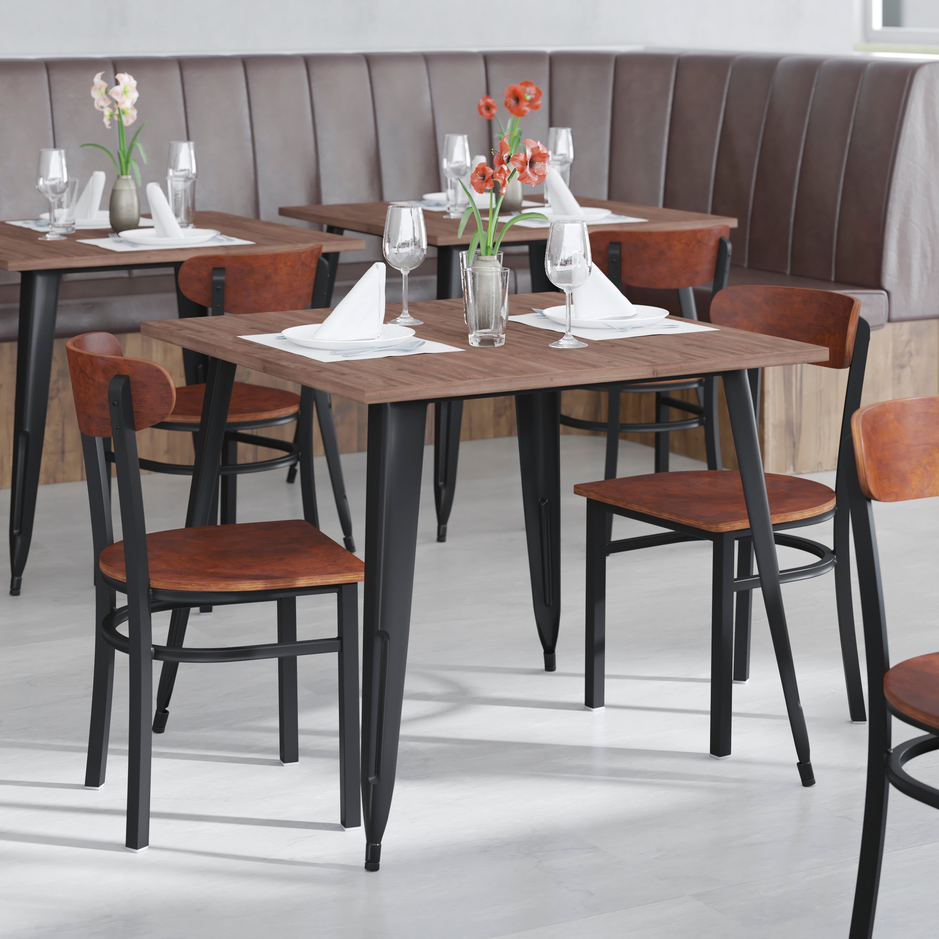 Wright Commercial Grade Dining Chair with 500 LB. Capacity Black Steel Frame, Solid Wood Seat, and Boomerang Back, Walnut Finish