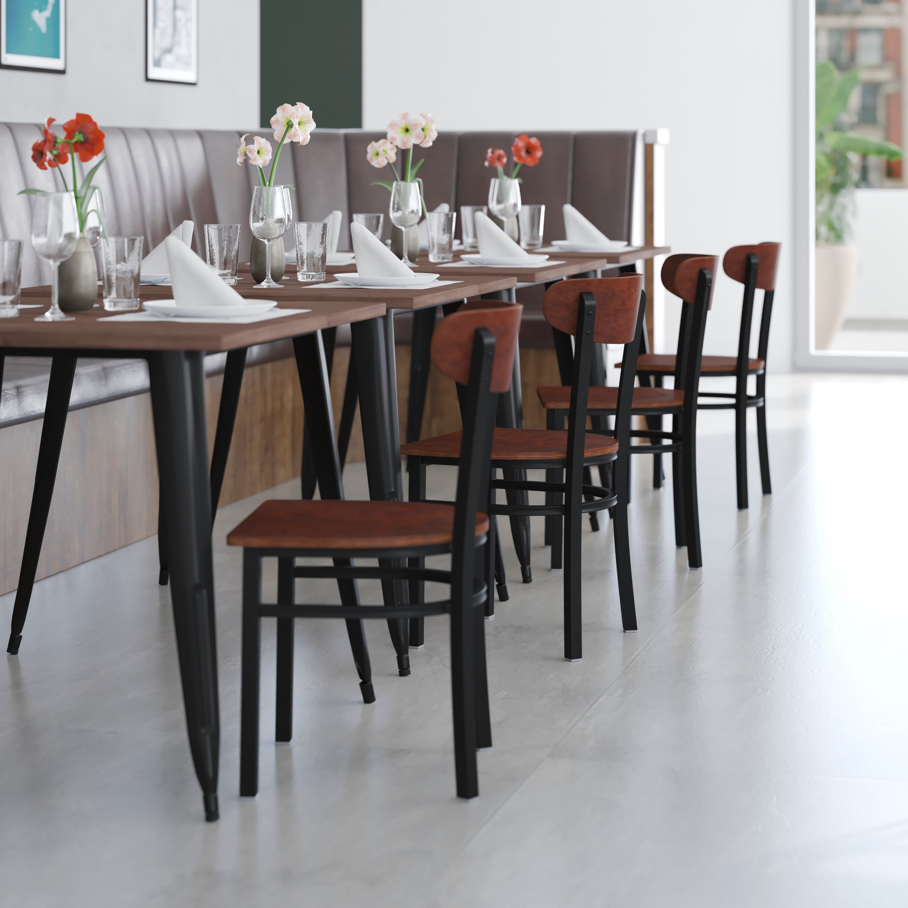 Wright Commercial Grade Dining Chair with 500 LB. Capacity Black Steel Frame, Solid Wood Seat, and Boomerang Back, Walnut Finish