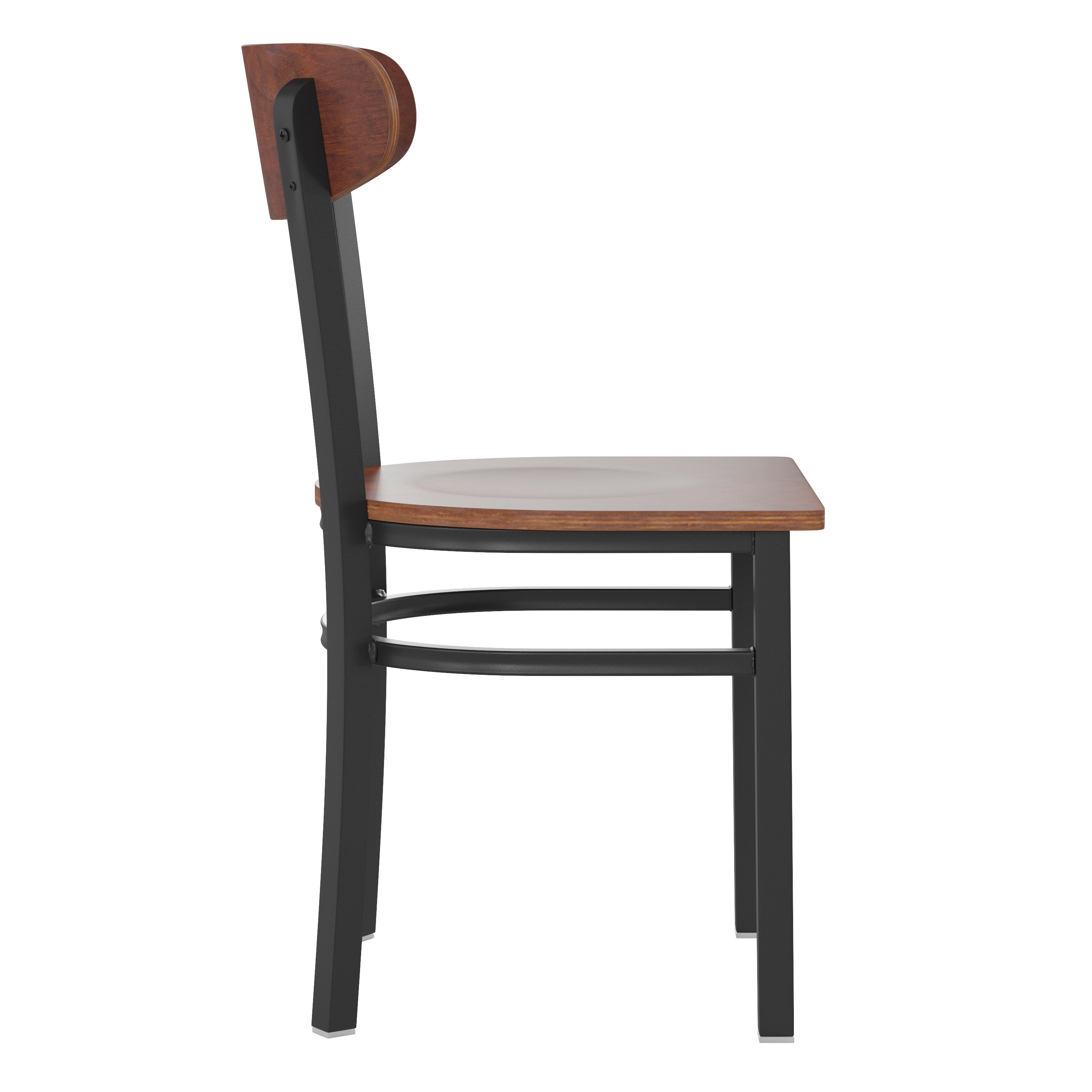 Wright Commercial Grade Dining Chair with 500 LB. Capacity Black Steel Frame, Solid Wood Seat, and Boomerang Back, Walnut Finish
