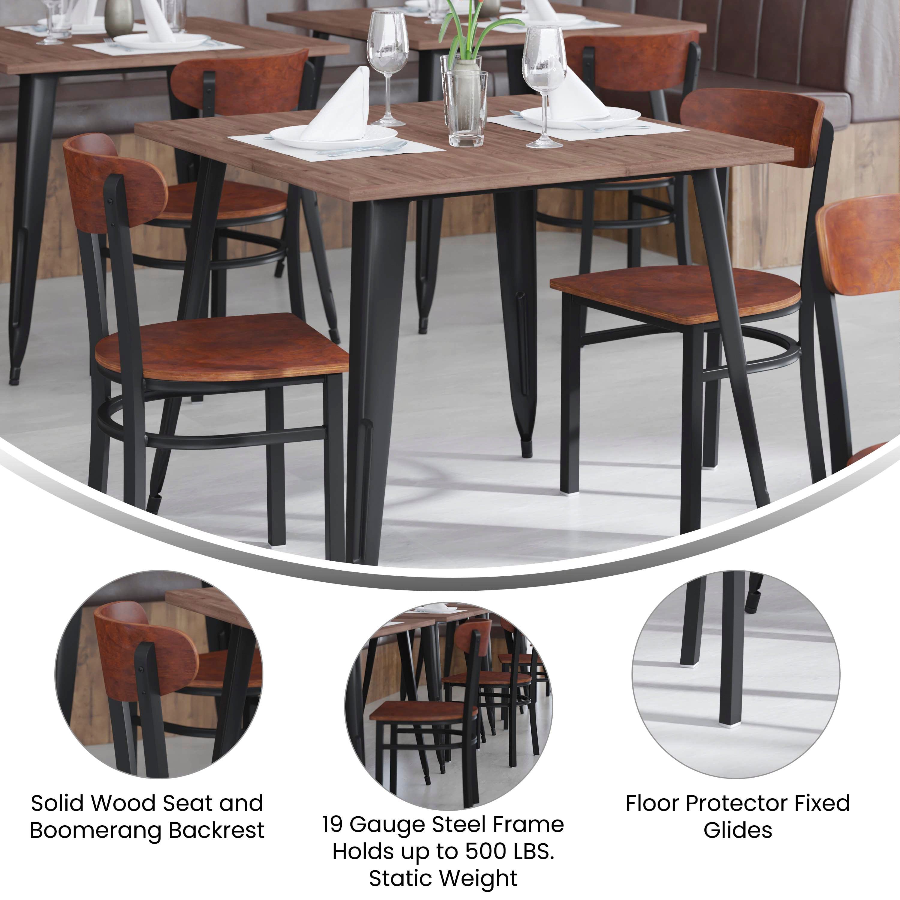 Wright Commercial Grade Dining Chair with 500 LB. Capacity Black Steel Frame, Solid Wood Seat, and Boomerang Back, Walnut Finish