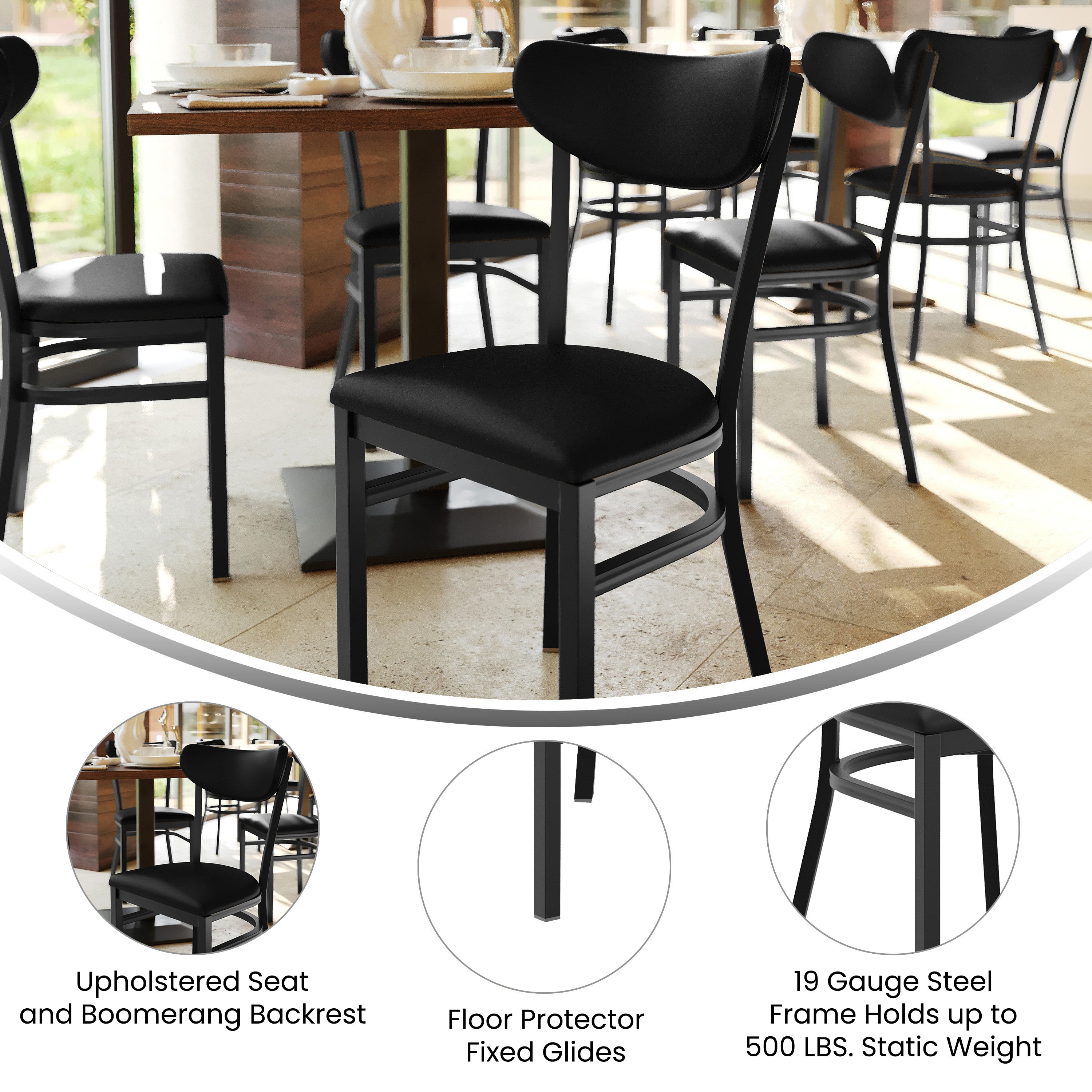 Wright Commercial Dining Chair with 500 LB. Capacity Black Steel Frame, Black Vinyl Boomerang Back, and Black Vinyl Seat