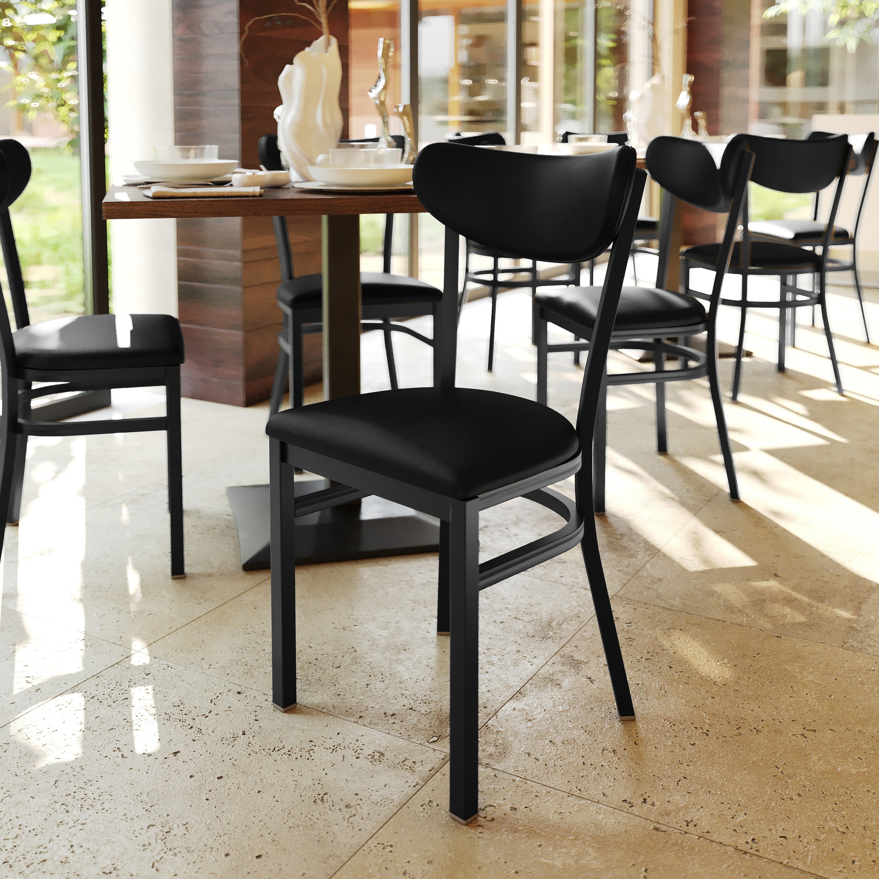 Wright Commercial Dining Chair with 500 LB. Capacity Black Steel Frame, Black Vinyl Boomerang Back, and Black Vinyl Seat