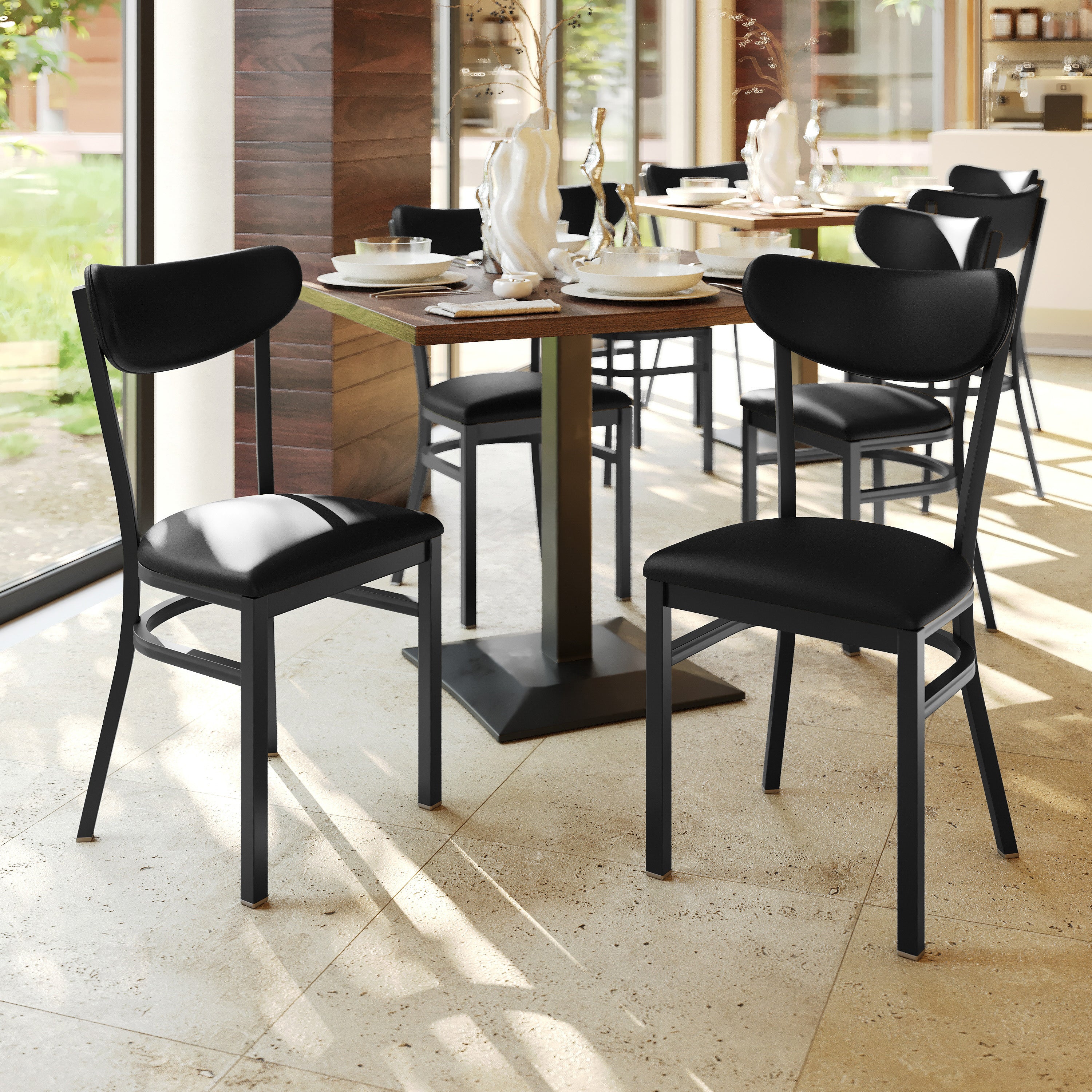 Wright Commercial Dining Chair with 500 LB. Capacity Black Steel Frame, Black Vinyl Boomerang Back, and Black Vinyl Seat