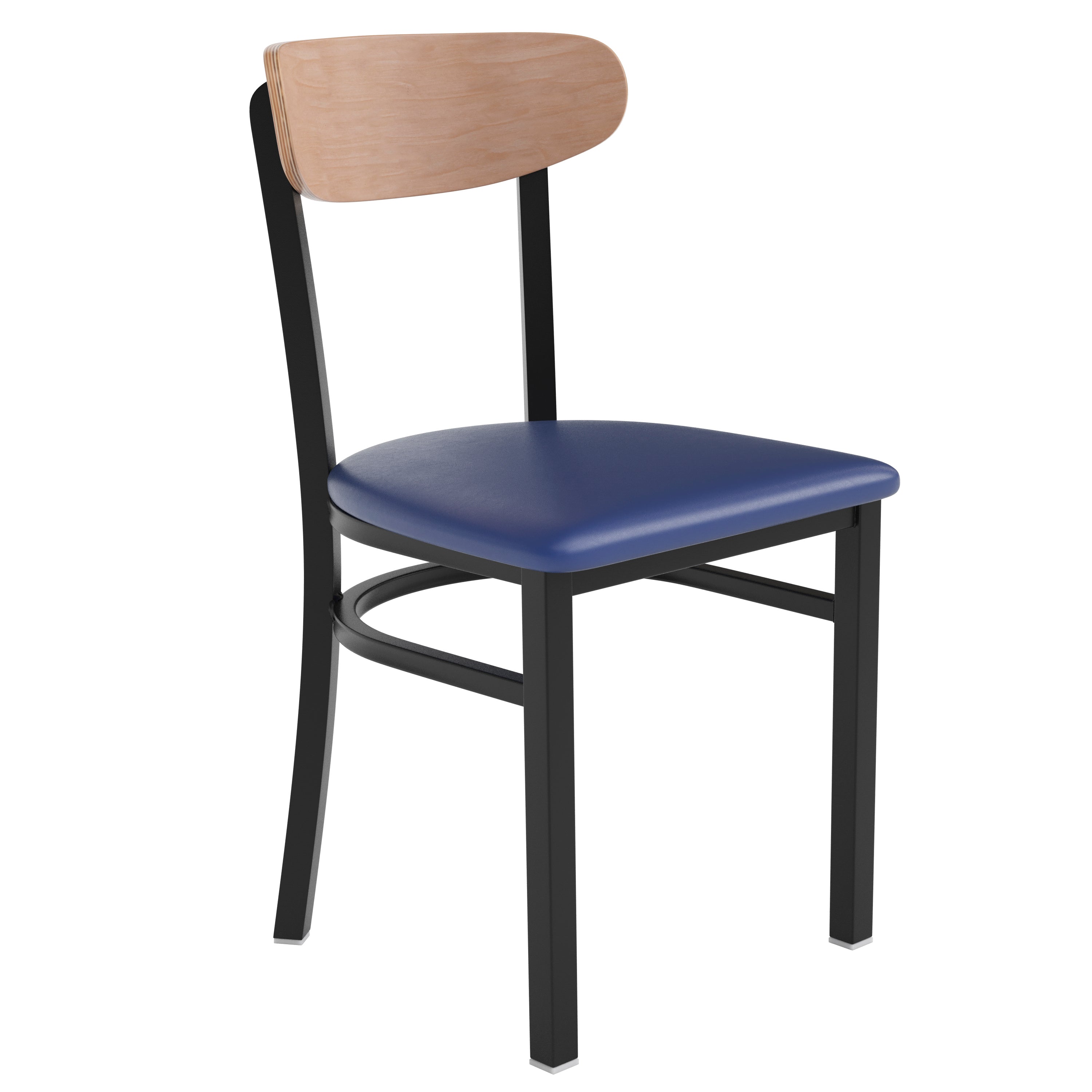 Wright Commercial Dining Chair with 500 LB. Capacity Black Steel Frame, Natural Birch Finish Wooden Boomerang Back, and Blue Vinyl Seat