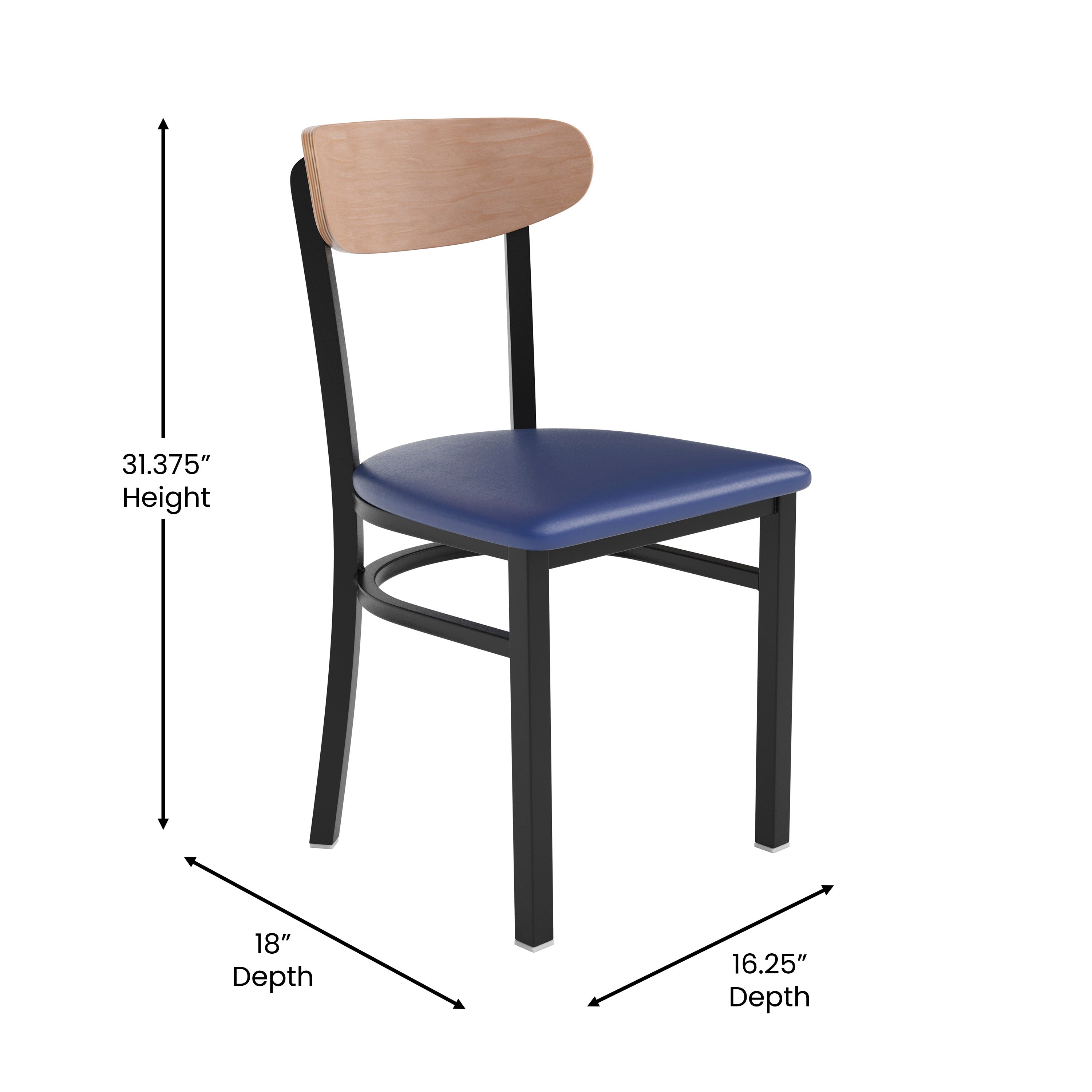 Wright Commercial Dining Chair with 500 LB. Capacity Black Steel Frame, Natural Birch Finish Wooden Boomerang Back, and Blue Vinyl Seat