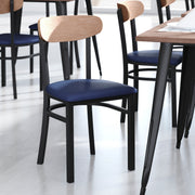 Wright Commercial Dining Chair with 500 LB. Capacity Black Steel Frame, Natural Birch Finish Wooden Boomerang Back, and Blue Vinyl Seat
