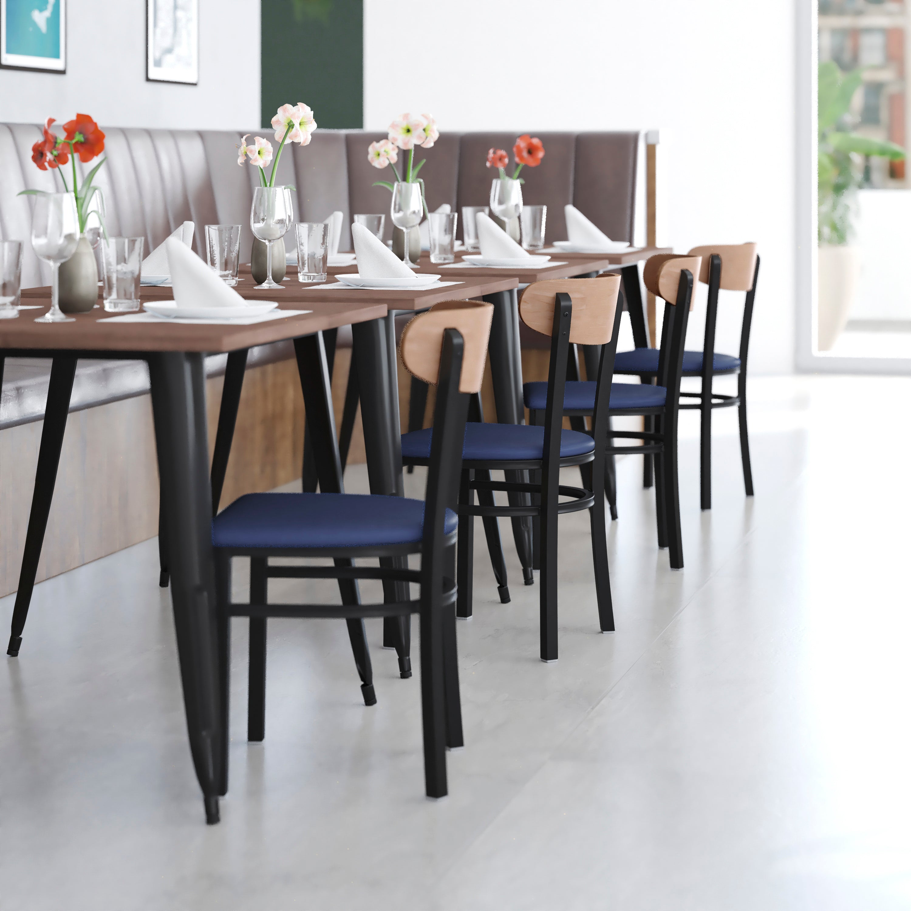 Wright Commercial Dining Chair with 500 LB. Capacity Black Steel Frame, Natural Birch Finish Wooden Boomerang Back, and Blue Vinyl Seat