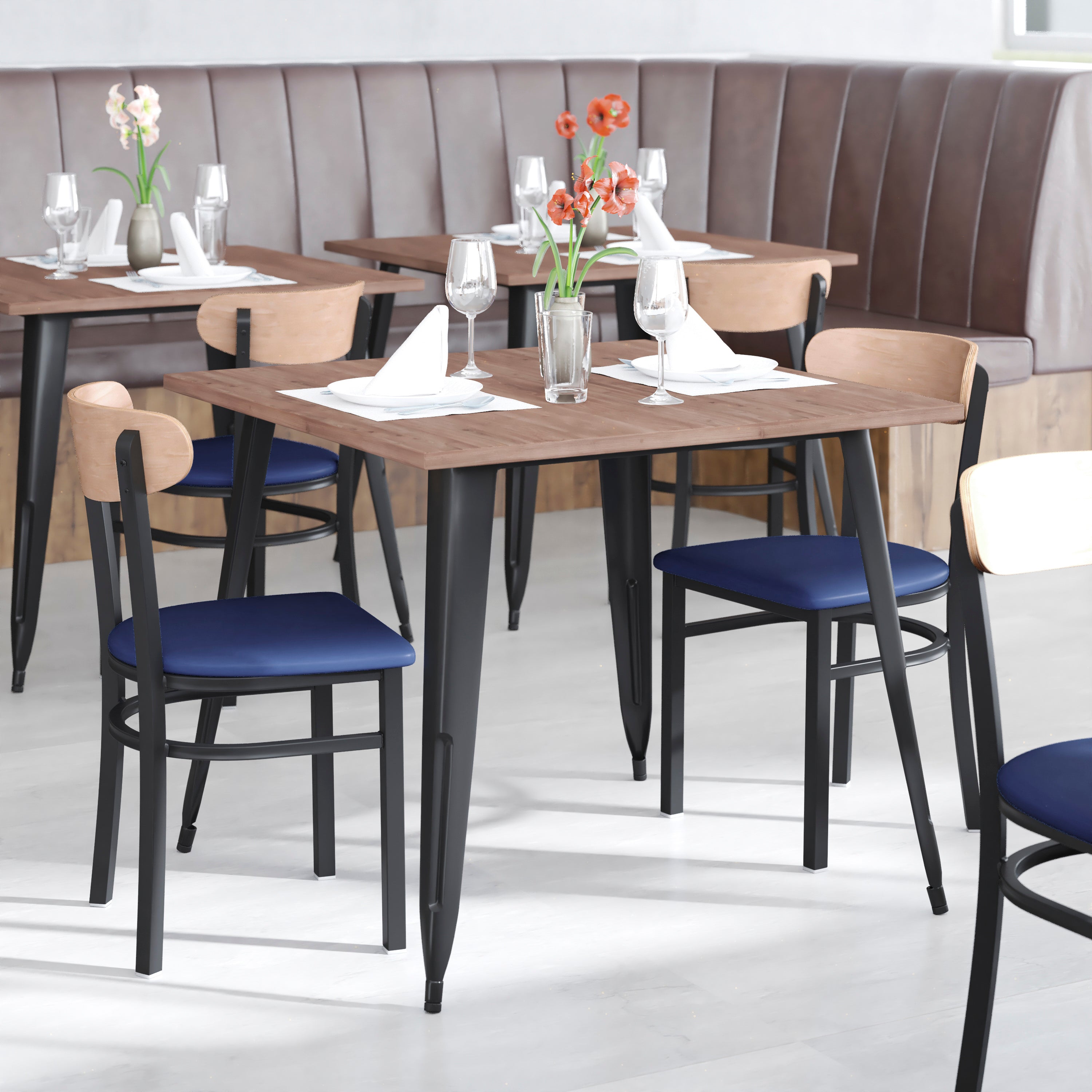 Wright Commercial Dining Chair with 500 LB. Capacity Black Steel Frame, Natural Birch Finish Wooden Boomerang Back, and Blue Vinyl Seat