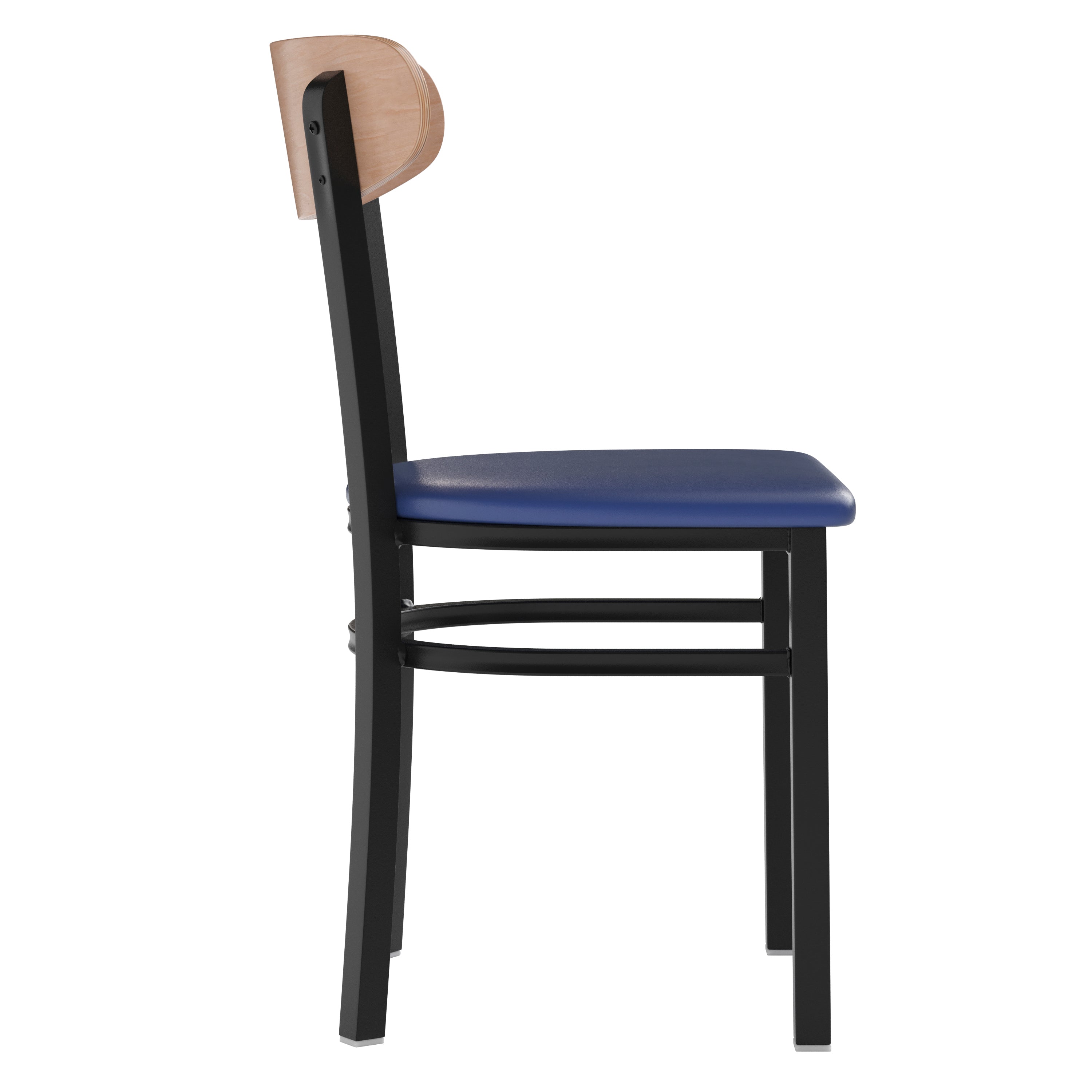 Wright Commercial Dining Chair with 500 LB. Capacity Black Steel Frame, Natural Birch Finish Wooden Boomerang Back, and Blue Vinyl Seat