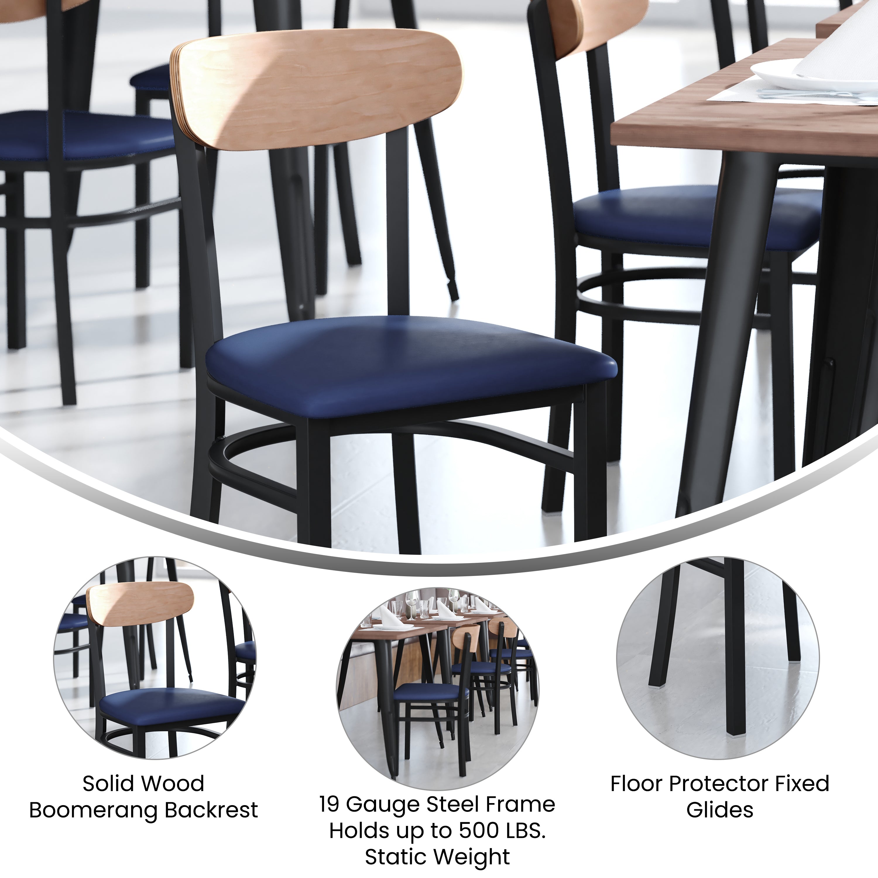 Wright Commercial Dining Chair with 500 LB. Capacity Black Steel Frame, Natural Birch Finish Wooden Boomerang Back, and Blue Vinyl Seat