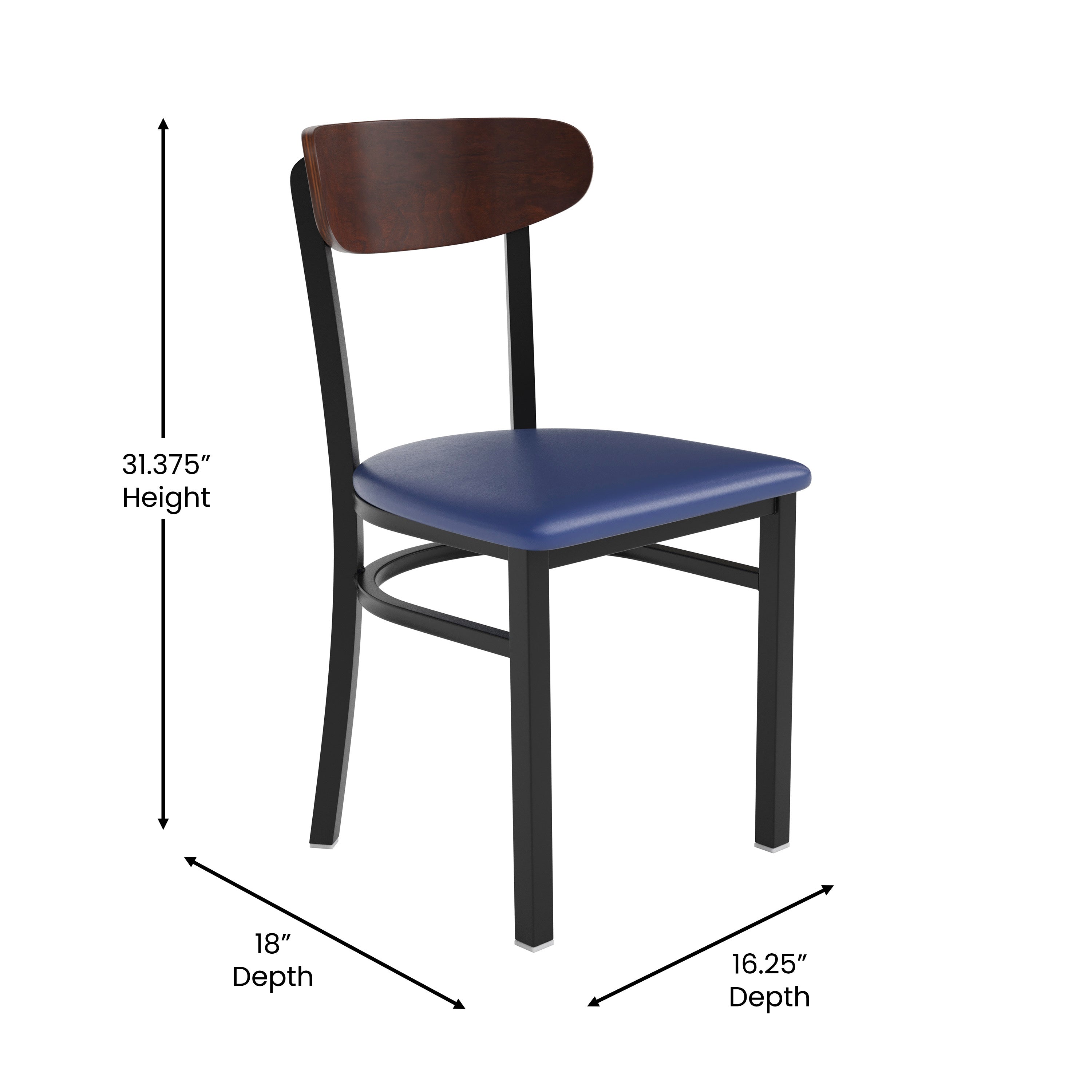 Wright Commercial Dining Chair with 500 LB. Capacity Black Steel Frame, Walnut Finish Wooden Boomerang Back, and Blue Vinyl Seat