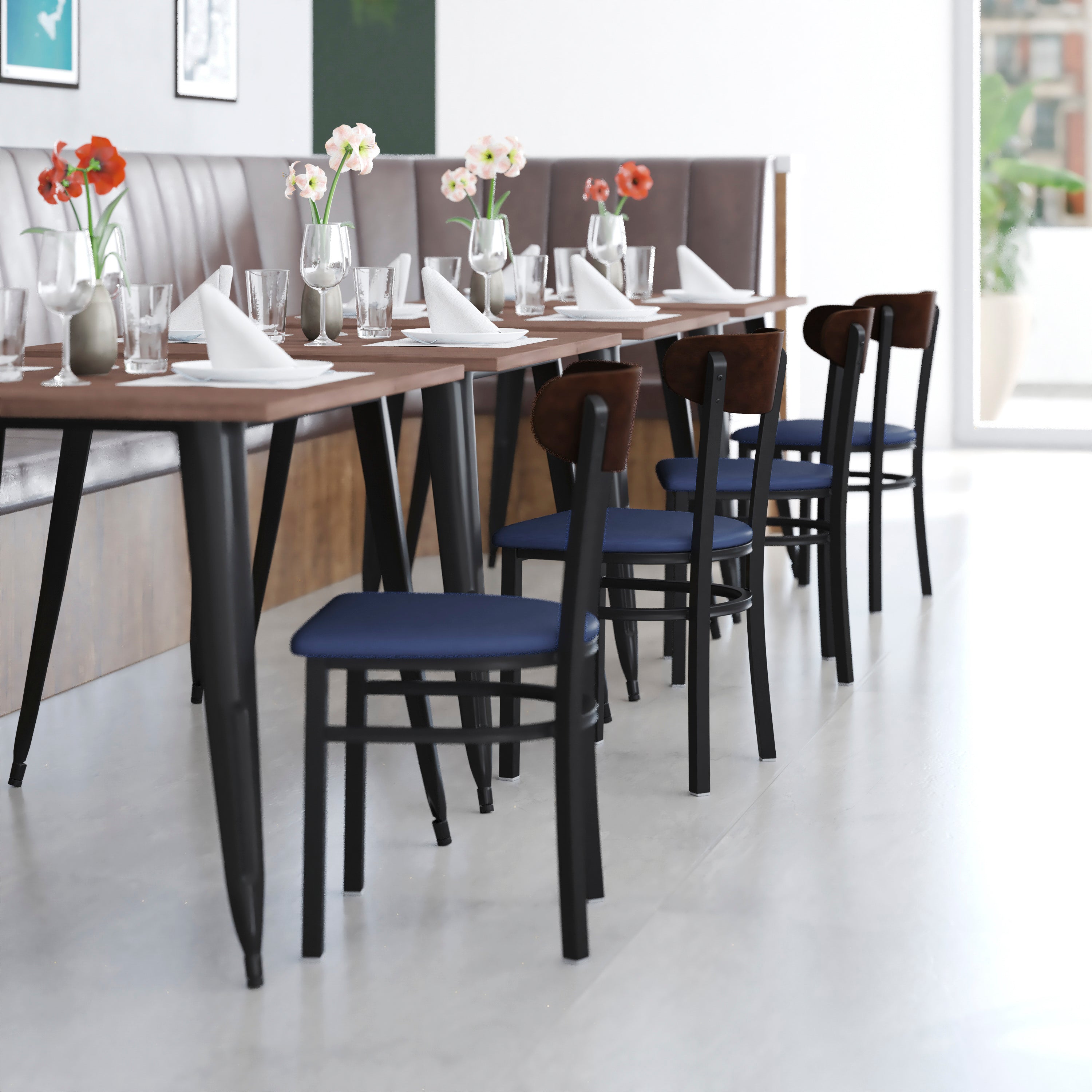 Wright Commercial Dining Chair with 500 LB. Capacity Black Steel Frame, Walnut Finish Wooden Boomerang Back, and Blue Vinyl Seat