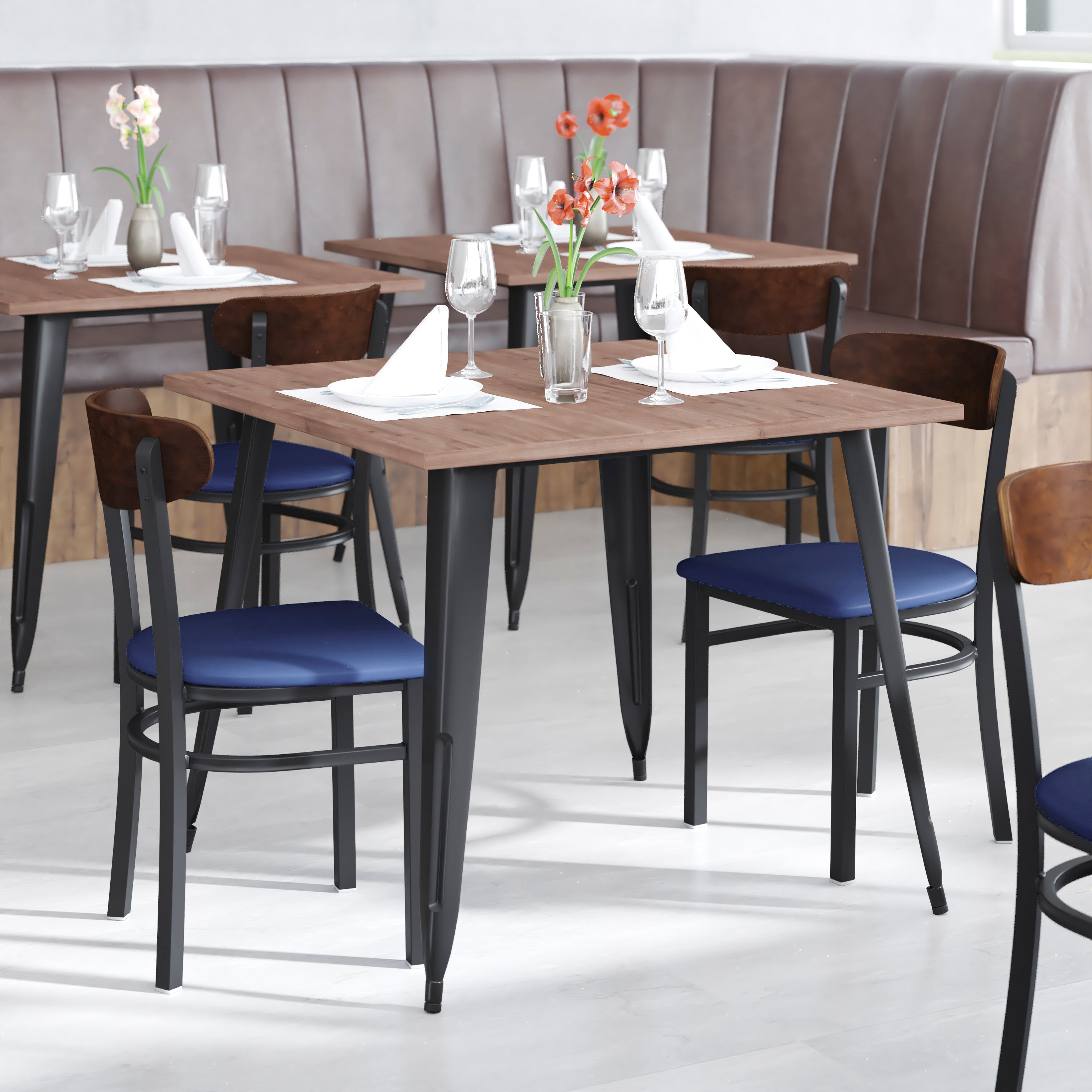 Wright Commercial Dining Chair with 500 LB. Capacity Black Steel Frame, Walnut Finish Wooden Boomerang Back, and Blue Vinyl Seat