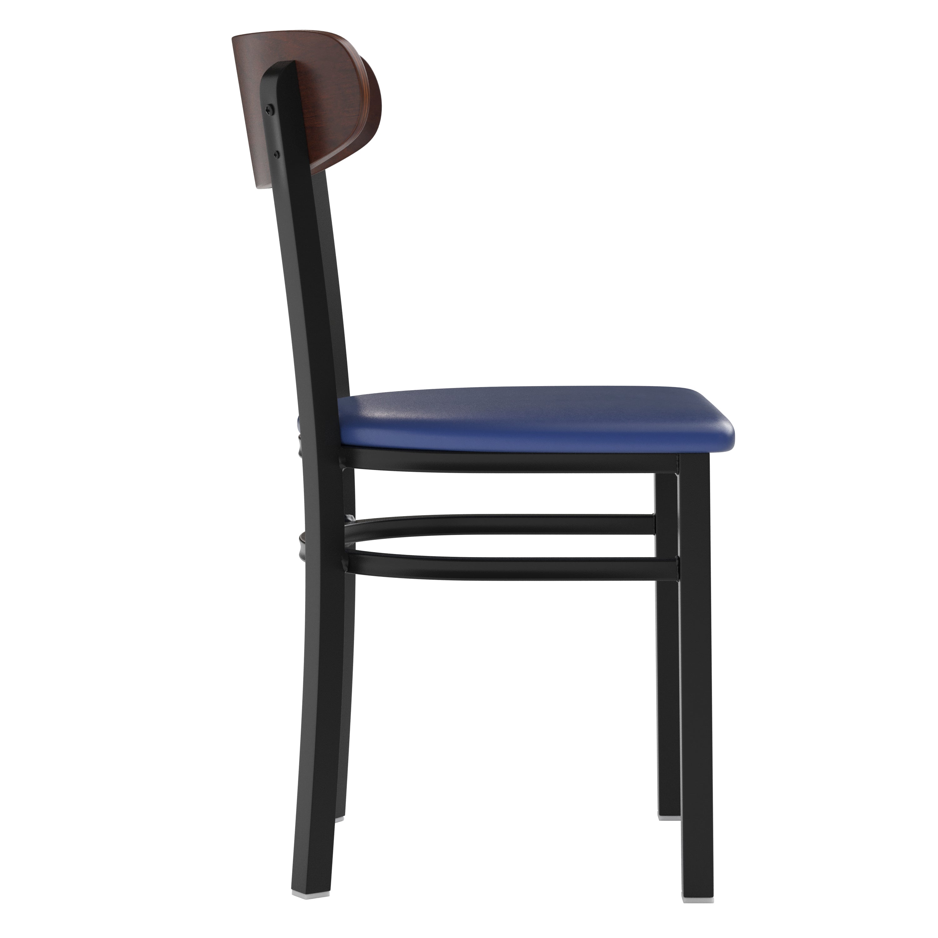Wright Commercial Dining Chair with 500 LB. Capacity Black Steel Frame, Walnut Finish Wooden Boomerang Back, and Blue Vinyl Seat