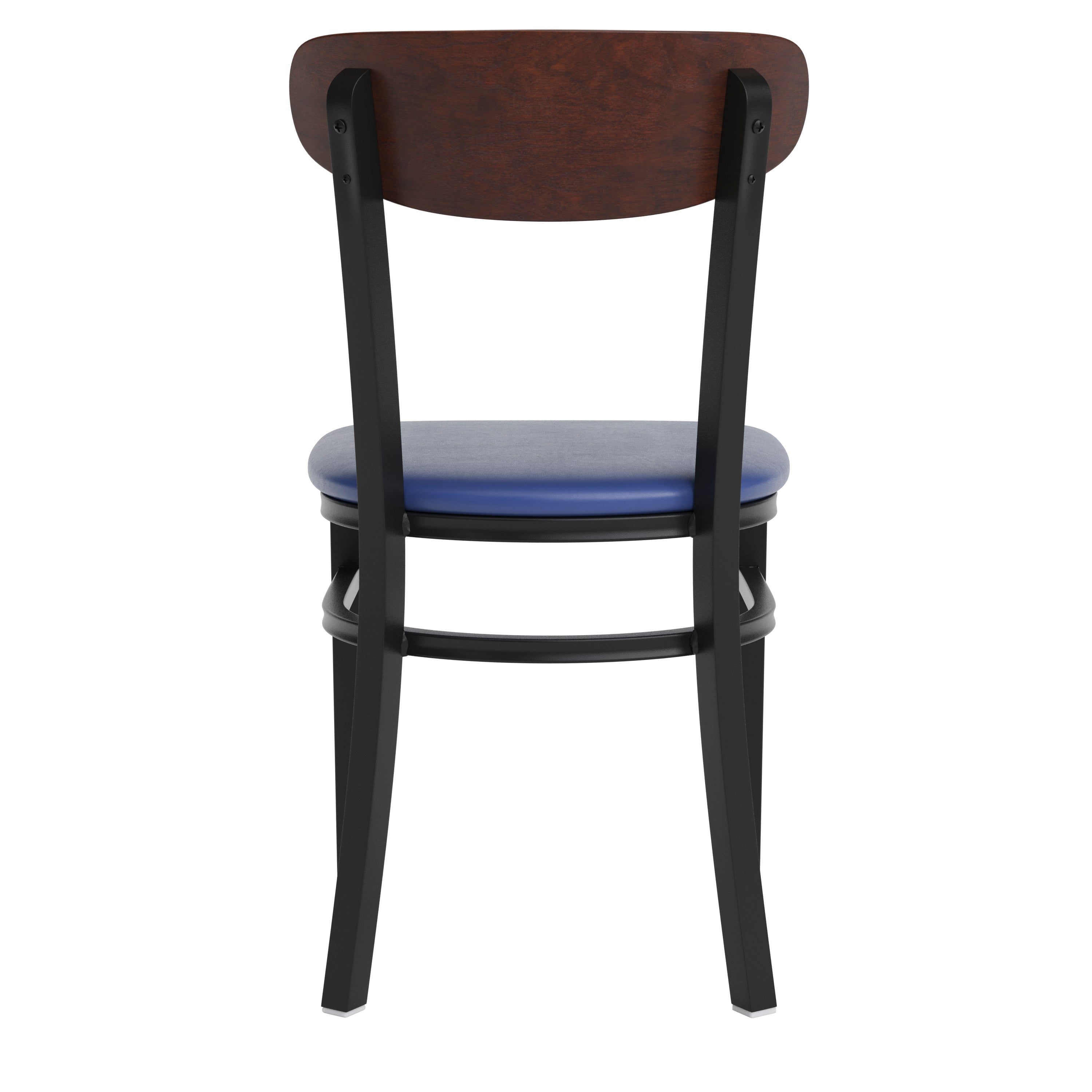 Wright Commercial Dining Chair with 500 LB. Capacity Black Steel Frame, Walnut Finish Wooden Boomerang Back, and Blue Vinyl Seat