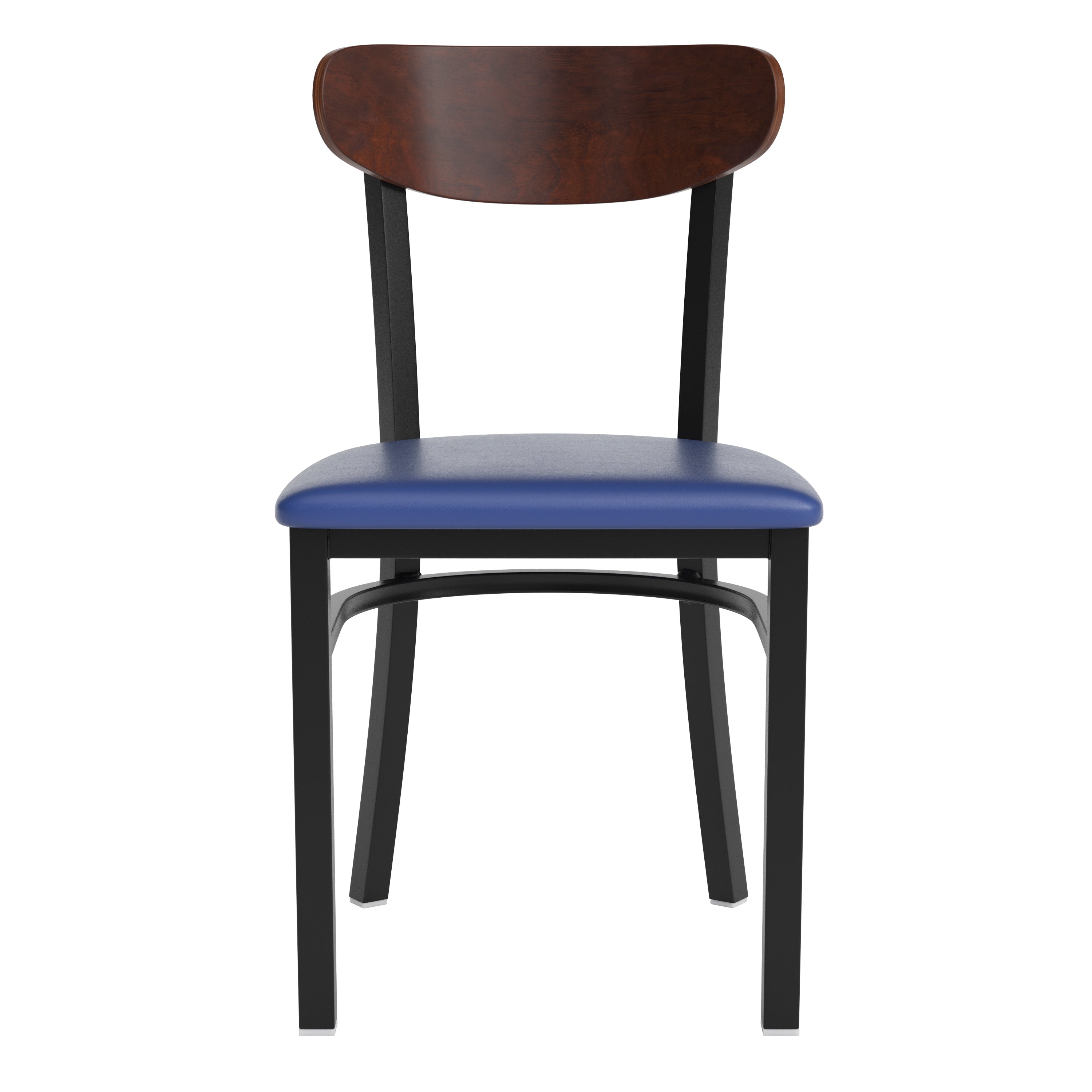 Wright Commercial Dining Chair with 500 LB. Capacity Black Steel Frame, Walnut Finish Wooden Boomerang Back, and Blue Vinyl Seat
