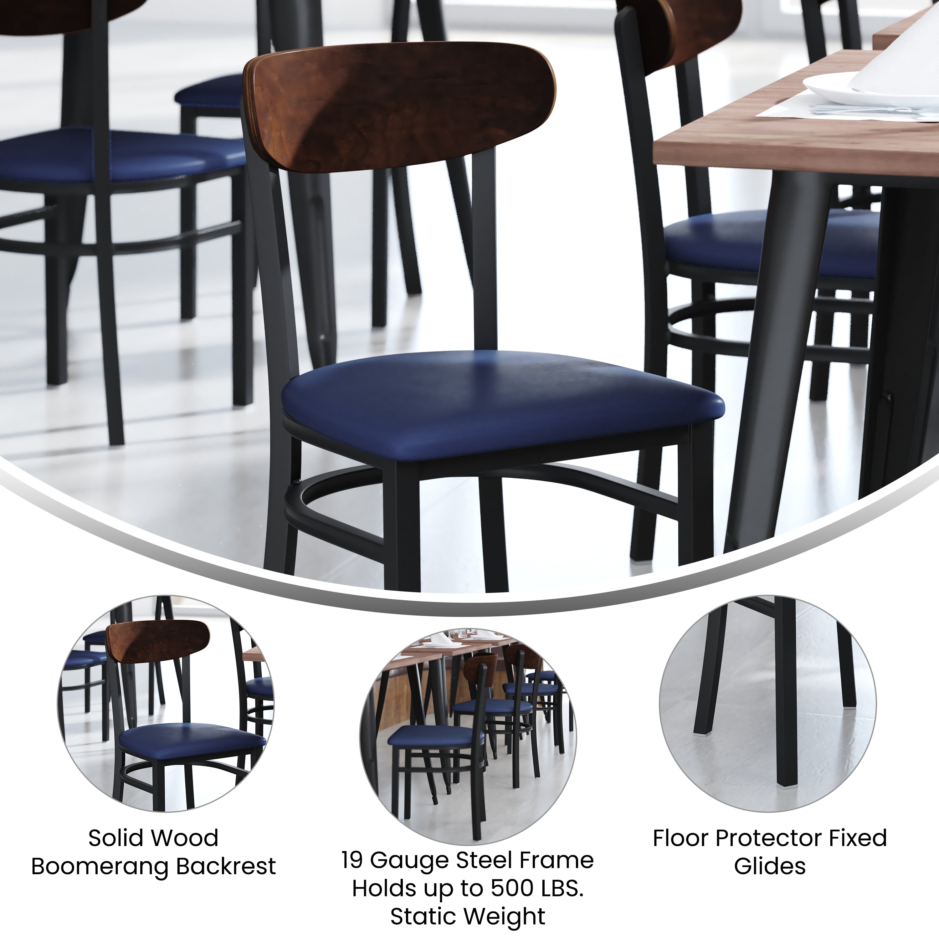 Wright Commercial Dining Chair with 500 LB. Capacity Black Steel Frame, Walnut Finish Wooden Boomerang Back, and Blue Vinyl Seat