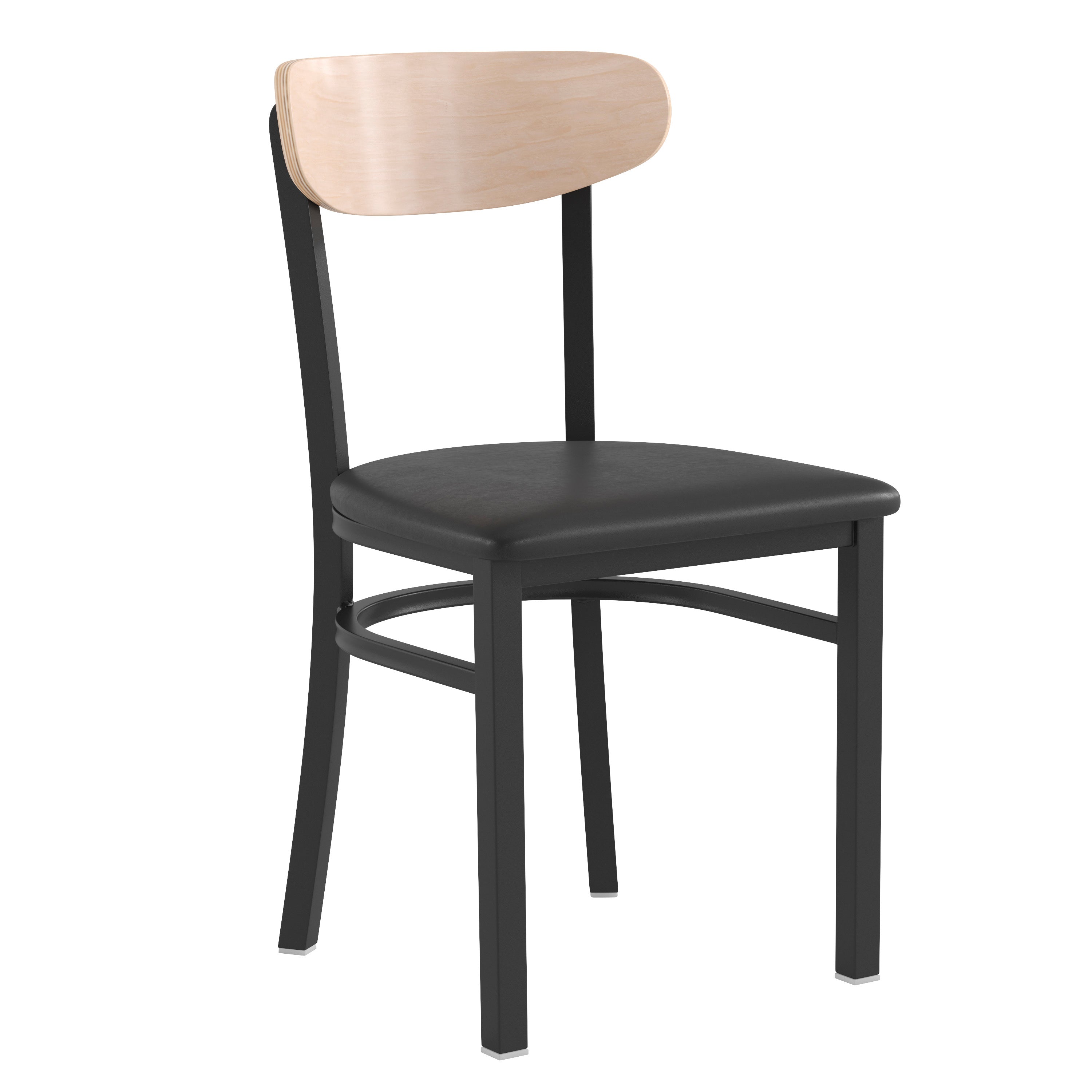 Wright Commercial Dining Chair with 500 LB. Capacity Black Steel Frame, Natural Birch Finish Wooden Boomerang Back, and Black Vinyl Seat