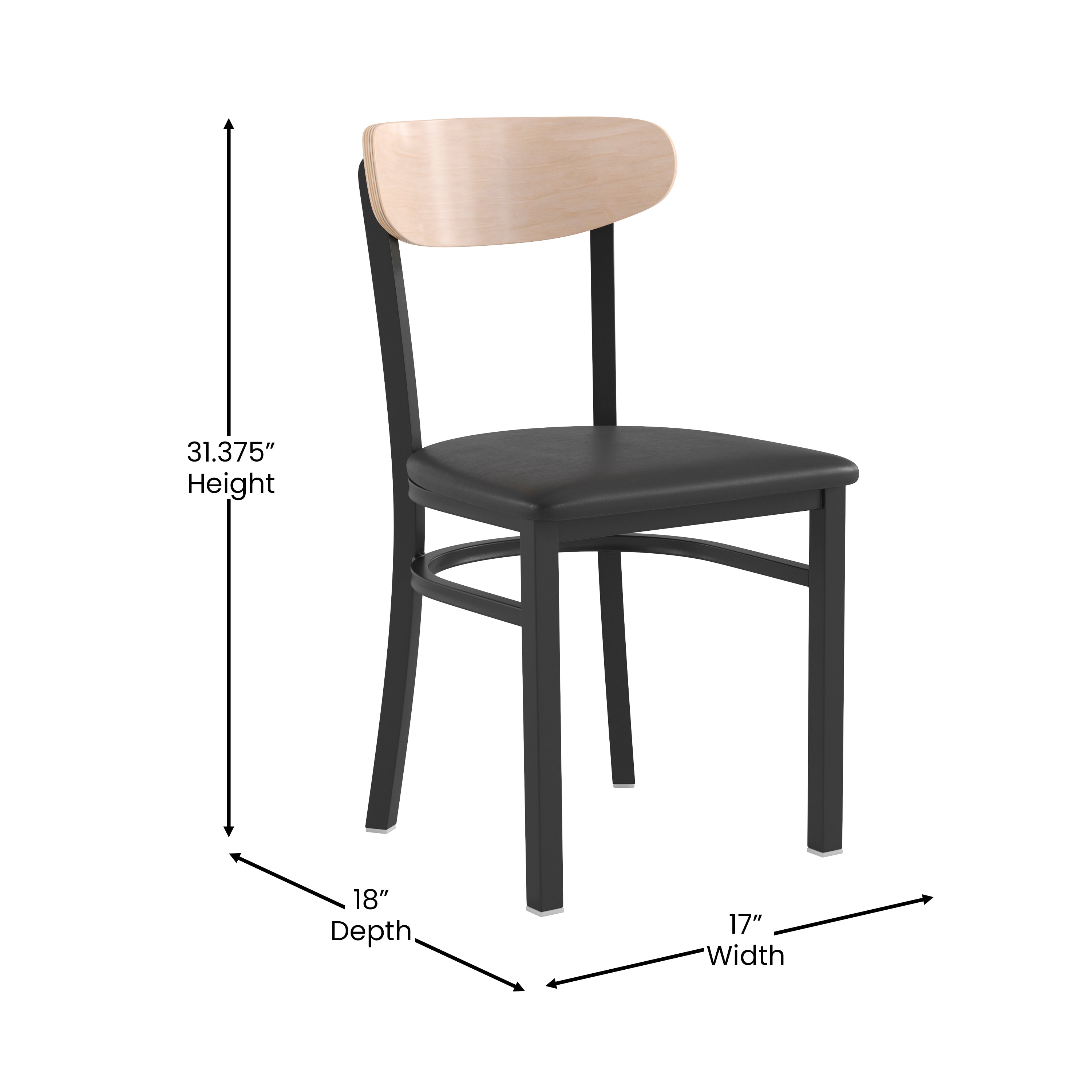Wright Commercial Dining Chair with 500 LB. Capacity Black Steel Frame, Natural Birch Finish Wooden Boomerang Back, and Black Vinyl Seat